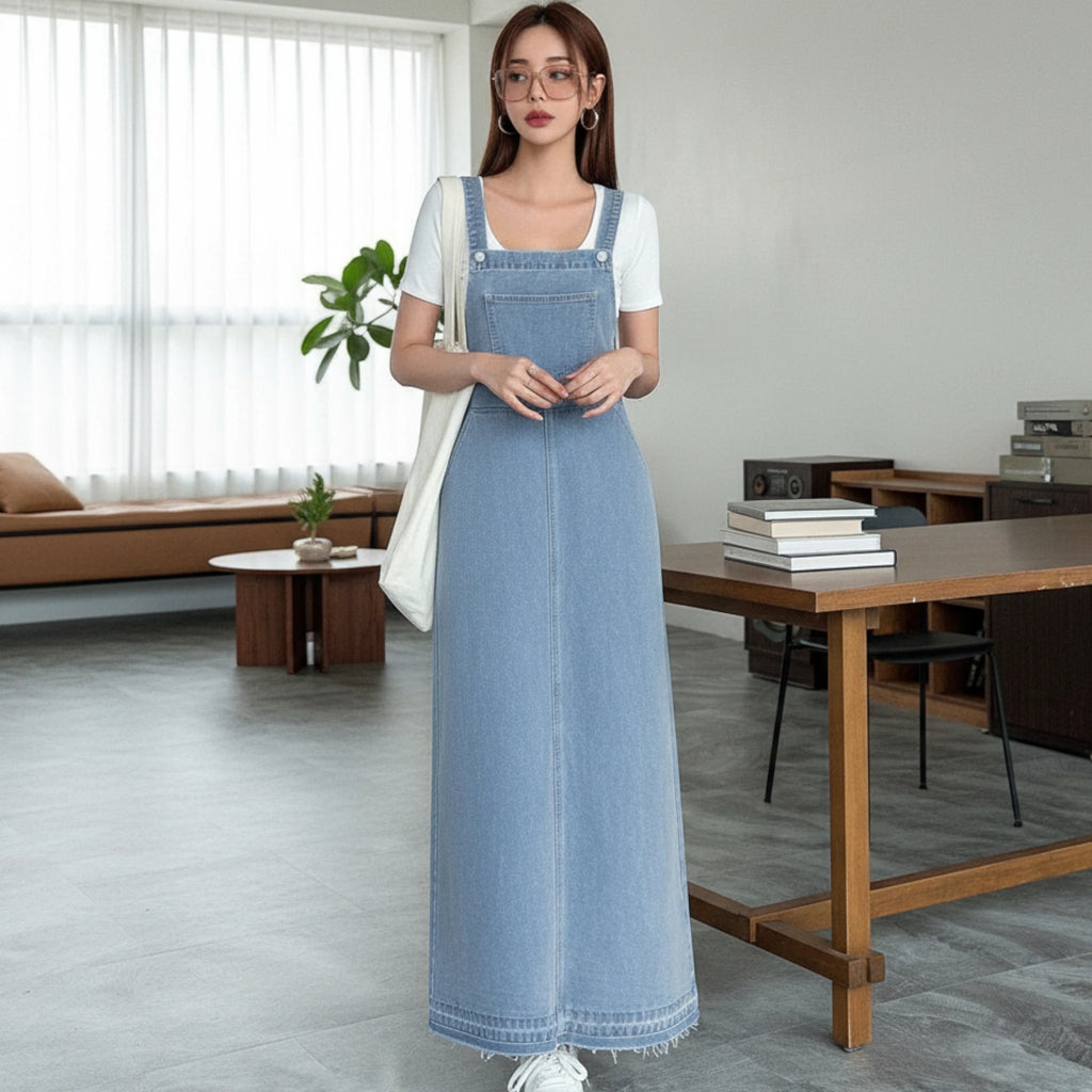 Women's Light Blue Denim Maxi Overall Dress