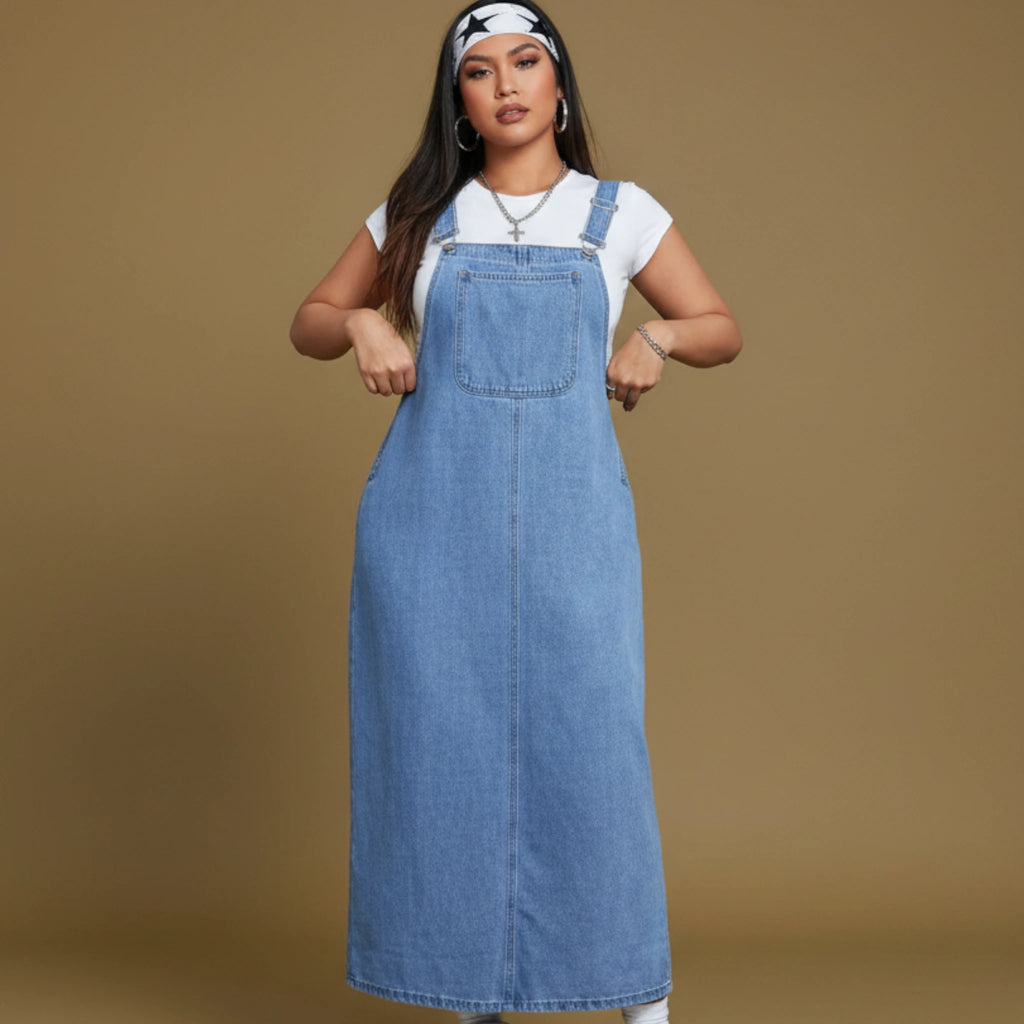 Women's Blue Denim Overall Dress Casual Midi