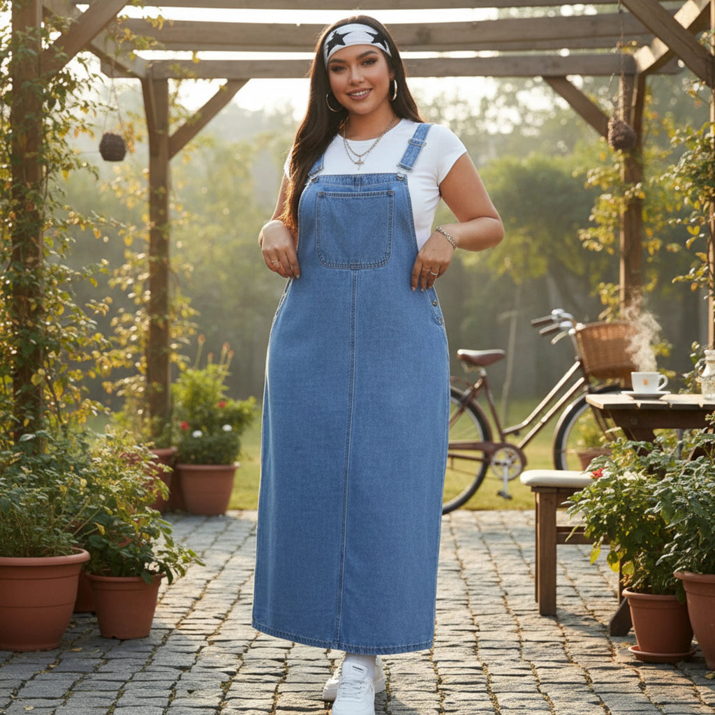 Women's Blue Denim Overall Dress Casual Midi