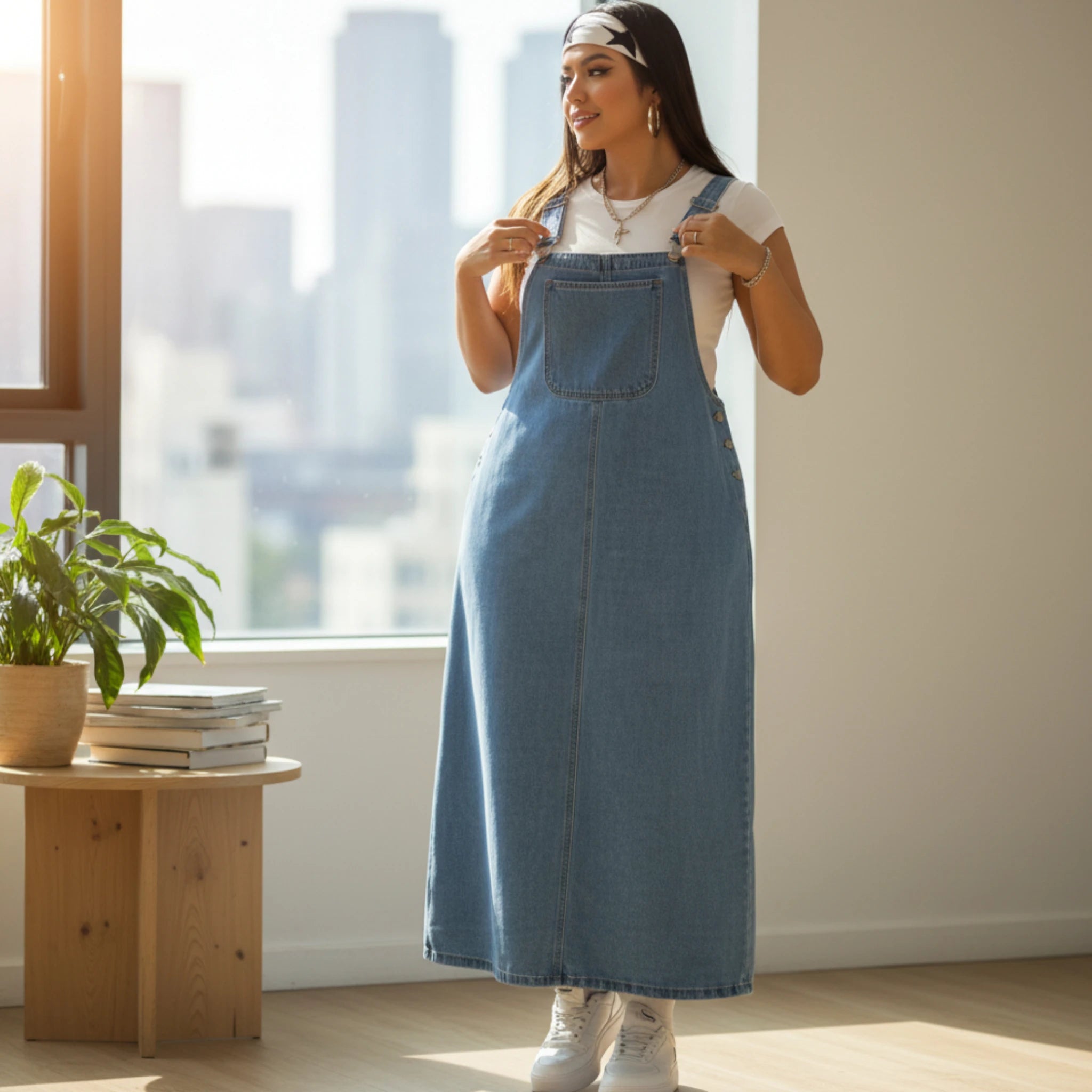 Women's Blue Denim Overall Dress Casual Midi