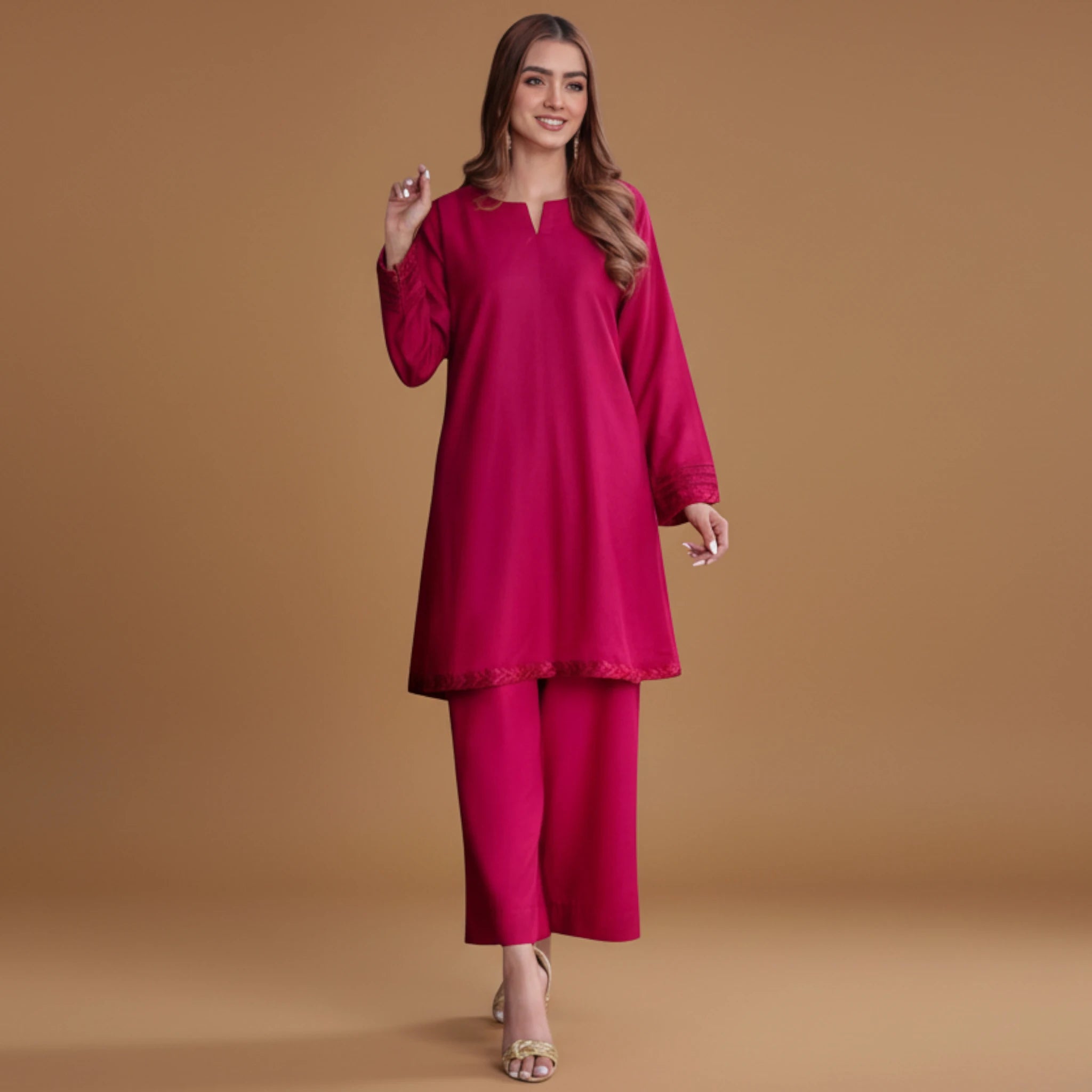 Women’s Magenta 2-Piece Pakistani Suit Solid Kurta & Straight Trousers