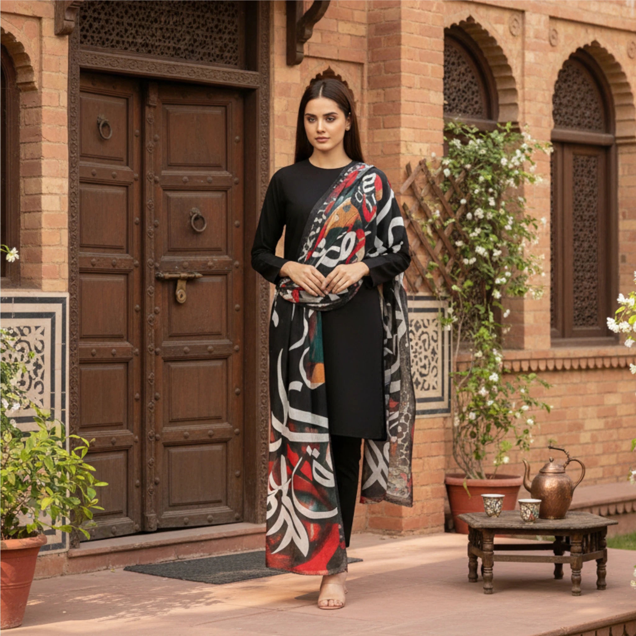 Women’s Black Solid 3-Piece Suit with Printed Dupatta