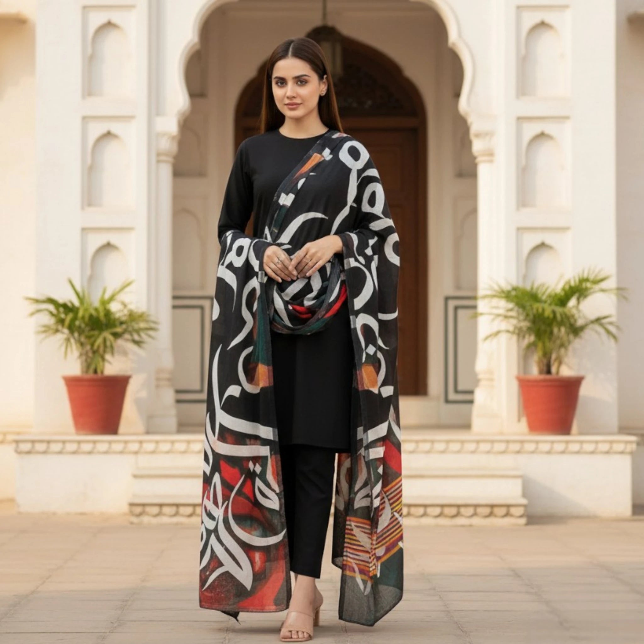 Women’s Black Solid 3-Piece Suit with Printed Dupatta