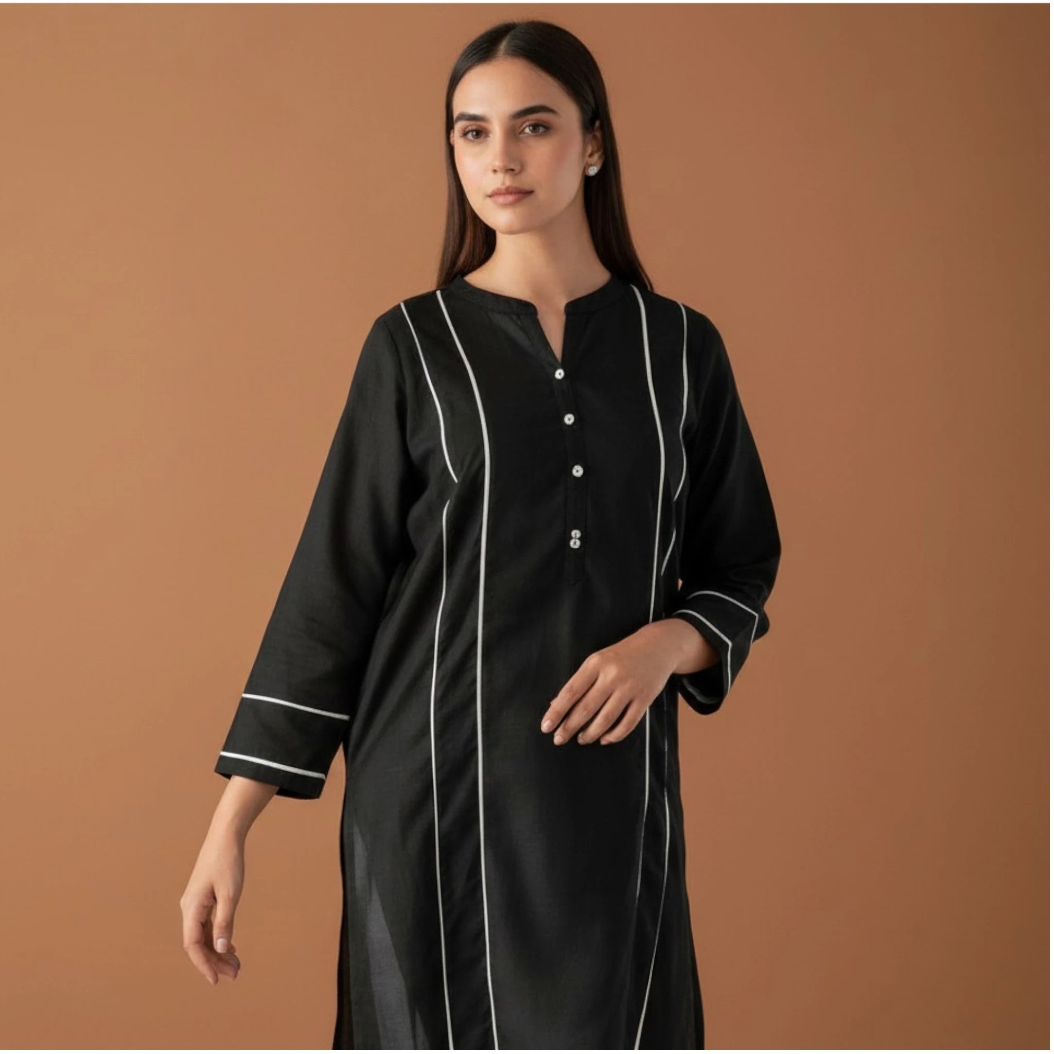 Black Straight Kurta Set for Women with White Contrast Piping