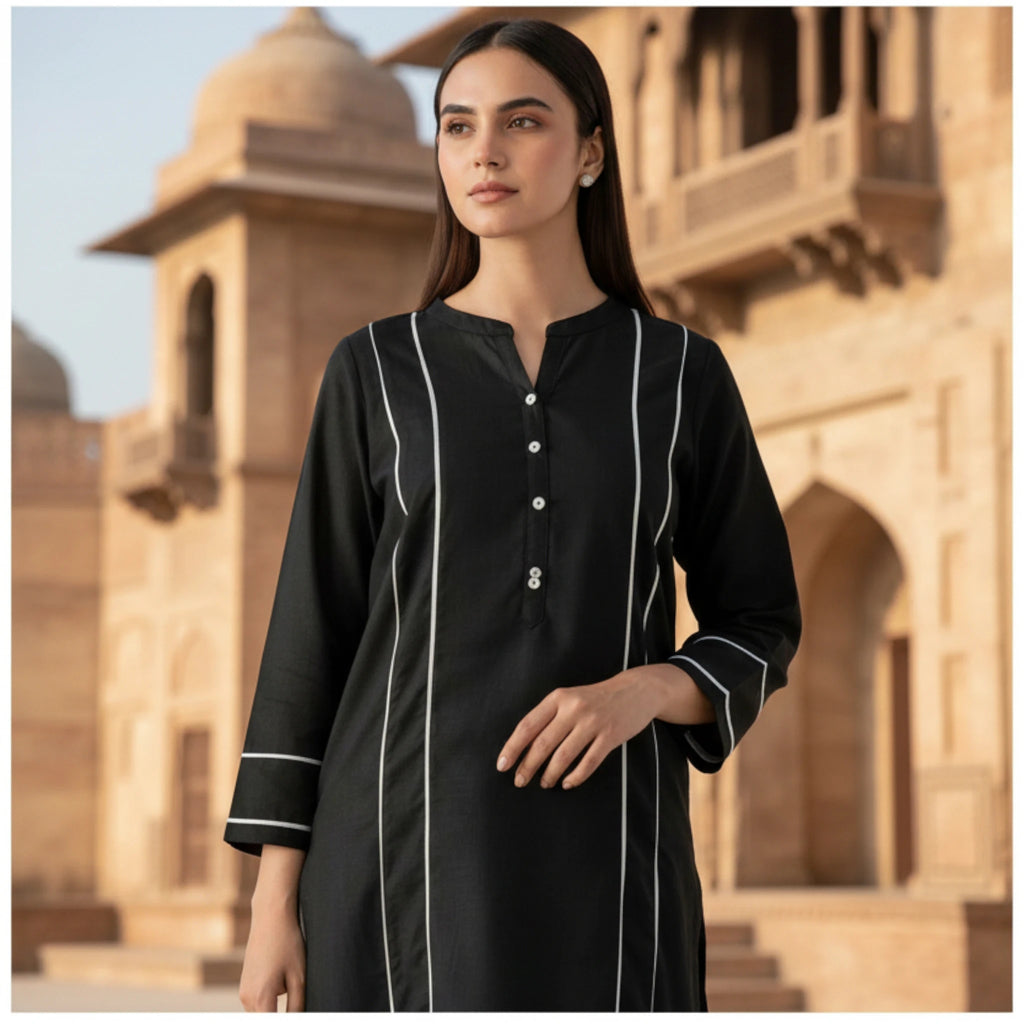 Black Straight Kurta Set for Women with White Contrast Piping