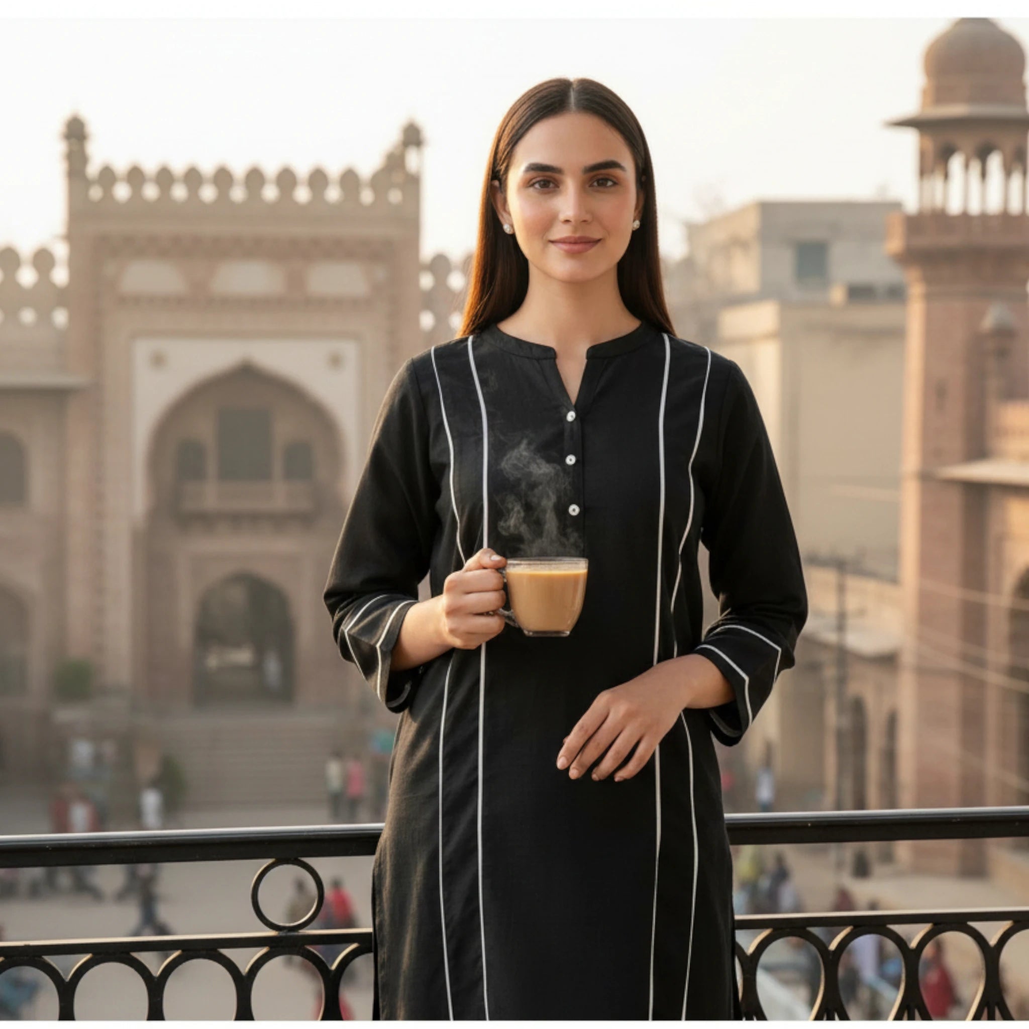 Black Straight Kurta Set for Women with White Contrast Piping