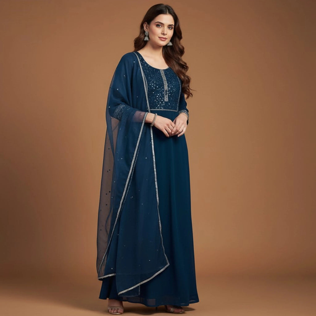 Navy Blue Sequin Anarkali Suit with Dupatta  Party Wear Ethnic Dress for Women