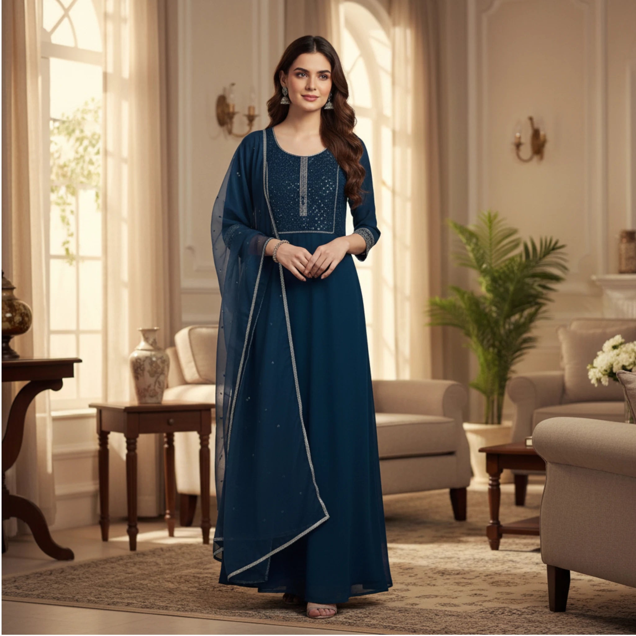 Navy Blue Sequin Anarkali Suit with Dupatta  Party Wear Ethnic Dress for Women