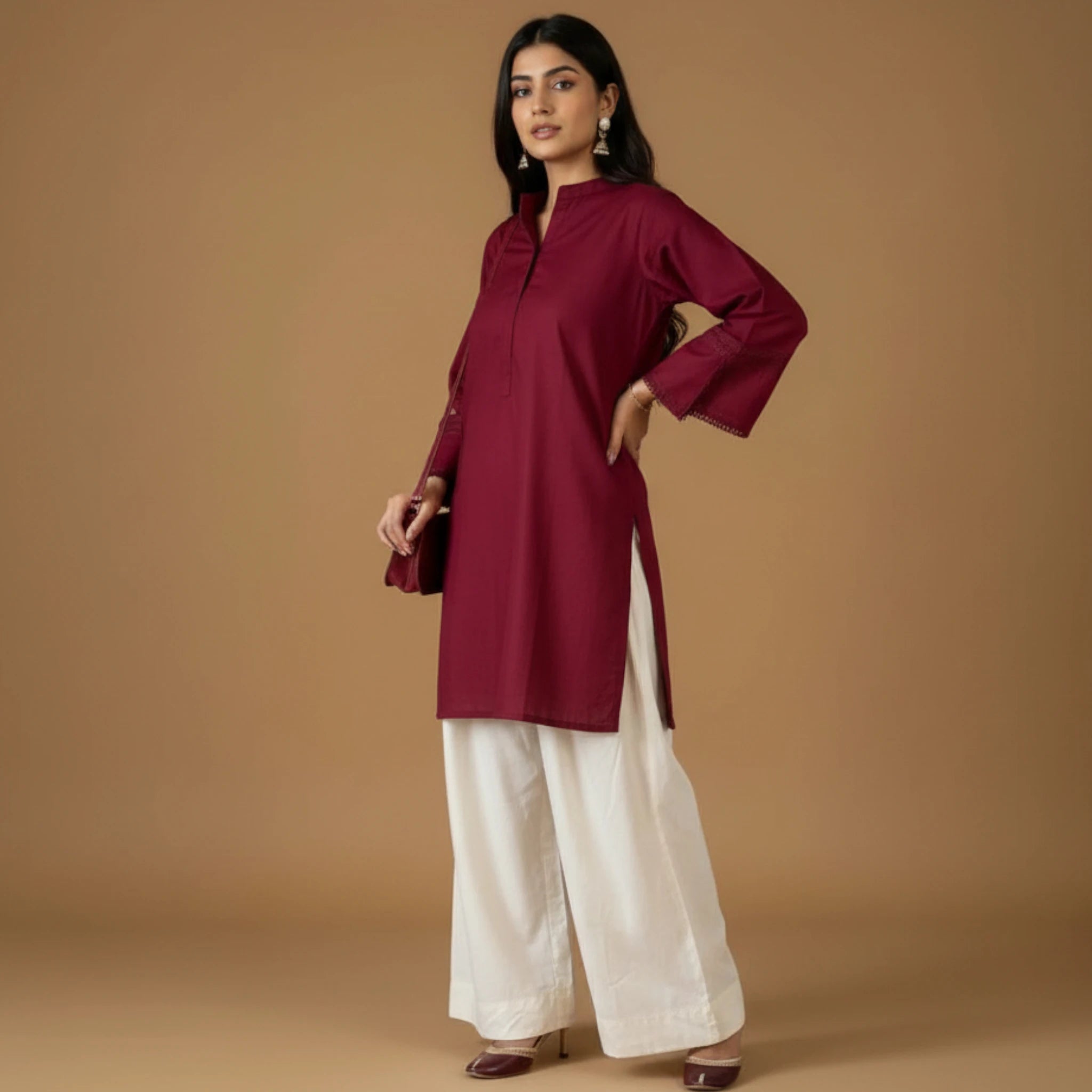 2-Piece Women’s Maroon Solid Kurta with White Pants
