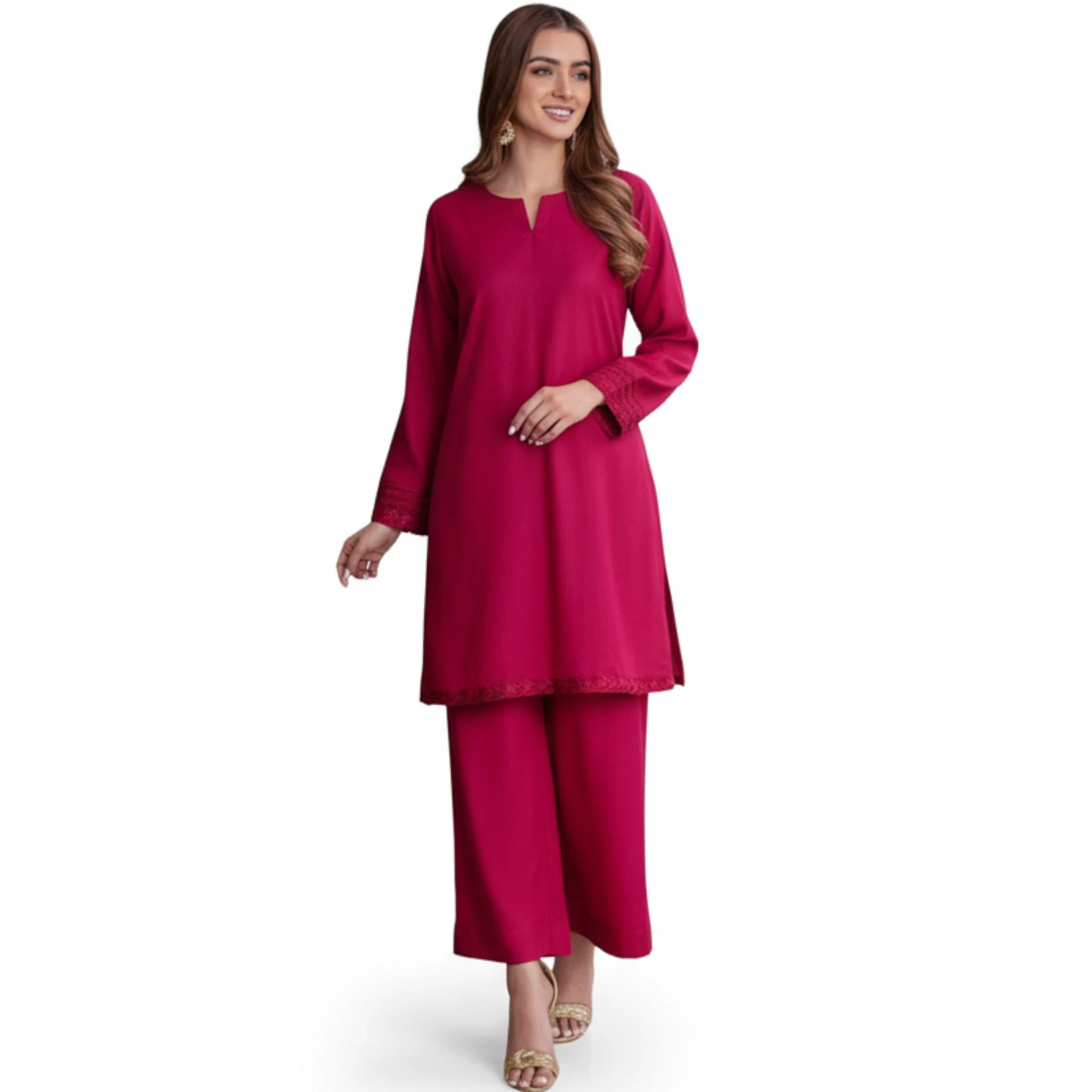 Women’s Magenta 2-Piece Pakistani Suit Solid Kurta & Straight Trousers