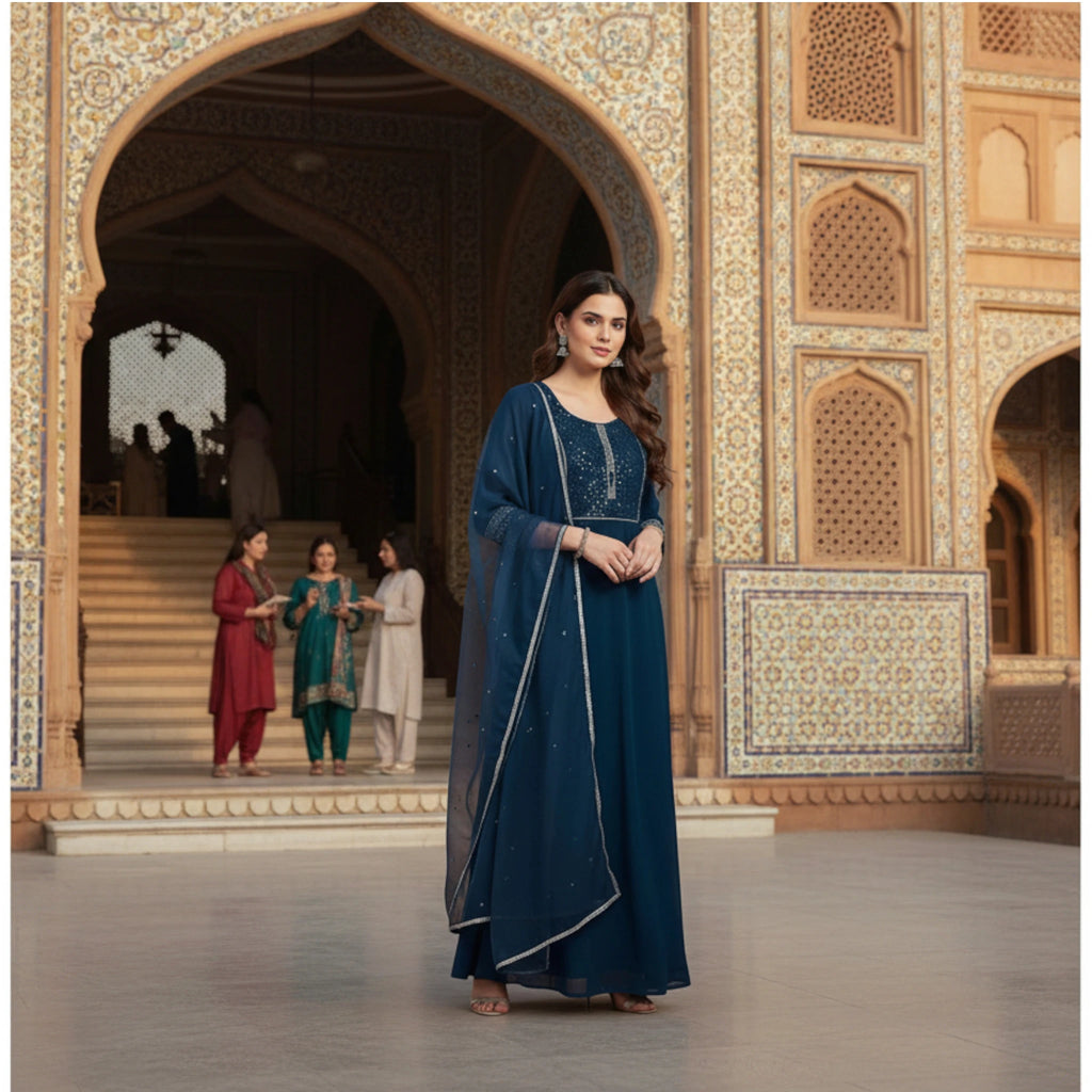 Navy Blue Sequin Anarkali Suit with Dupatta  Party Wear Ethnic Dress for Women