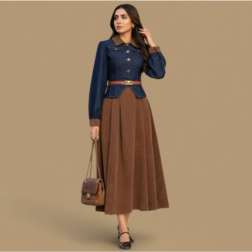 Stylish Navy Denim and Brown Pleated Midi Dress for Women