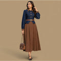 Stylish Navy Denim and Brown Pleated Midi Dress for Women
