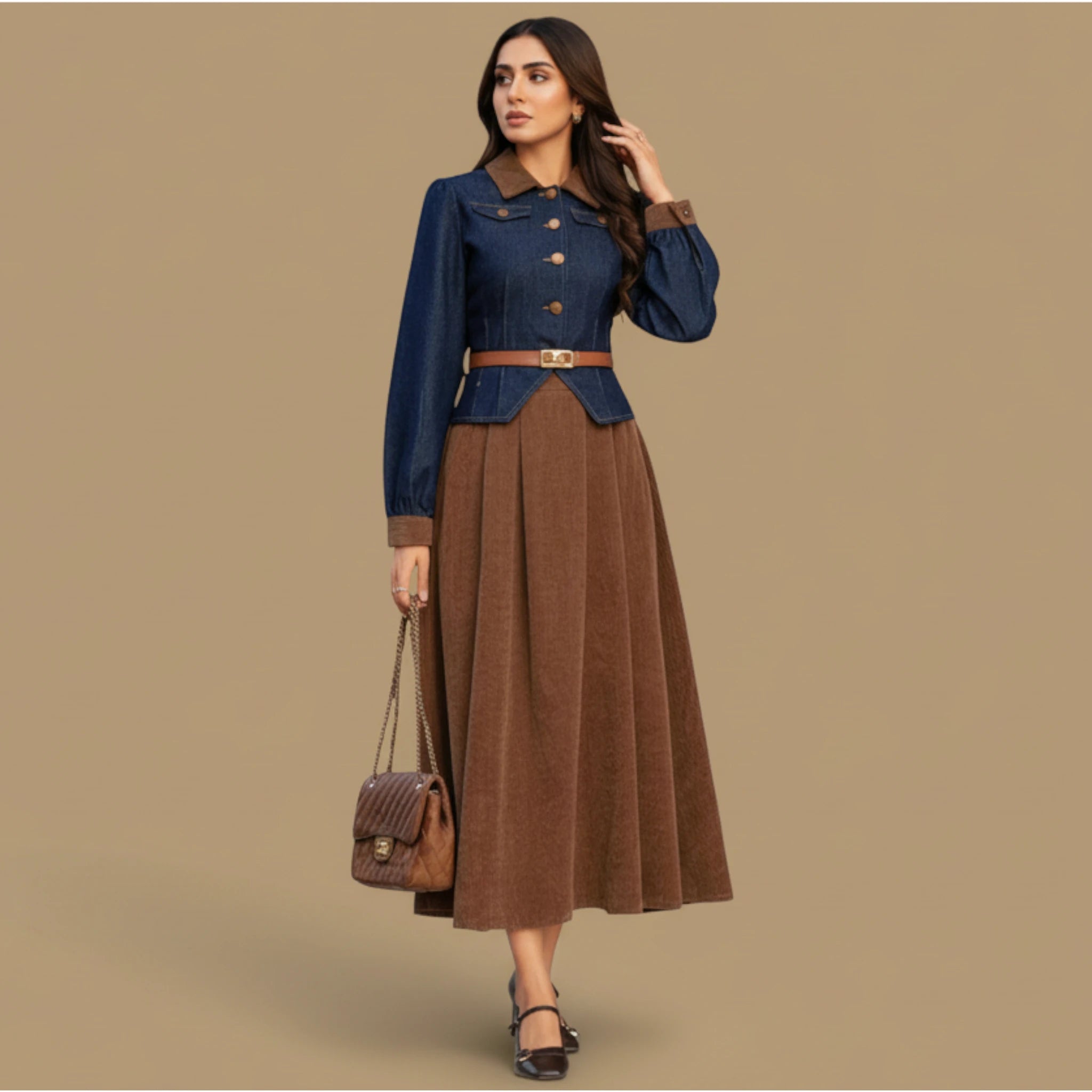 Stylish Navy Denim and Brown Pleated Midi Dress for Women