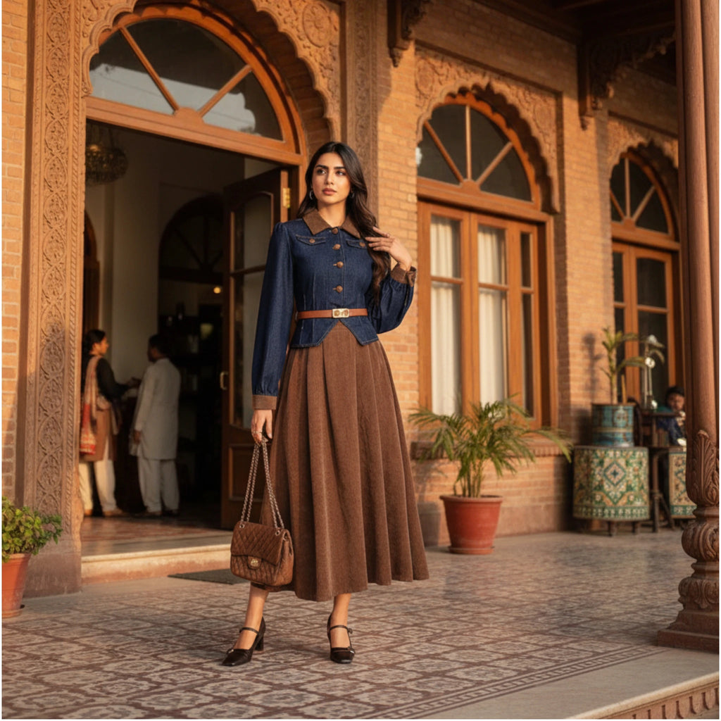 Stylish Navy Denim and Brown Pleated Midi Dress for Women