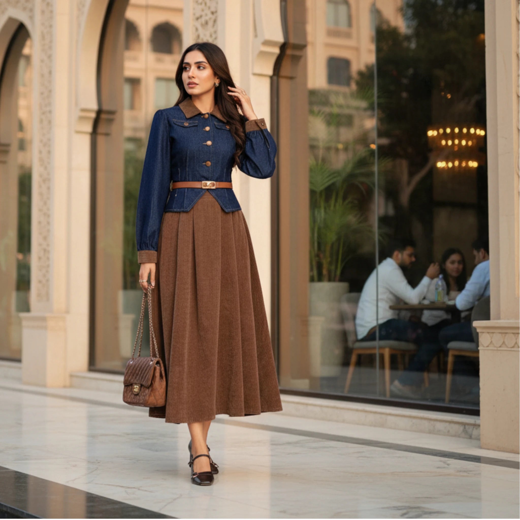 Stylish Navy Denim and Brown Pleated Midi Dress for Women