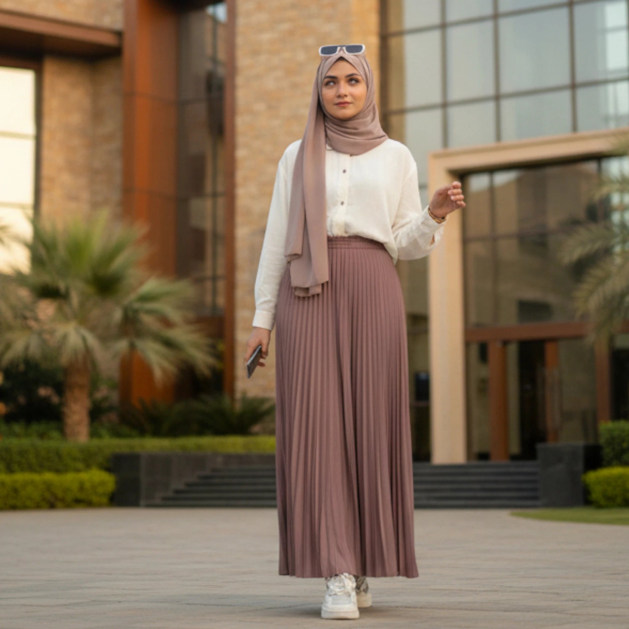 Skirt Outfit for Women - Western Casual Fashion with Hijab and Sneakers