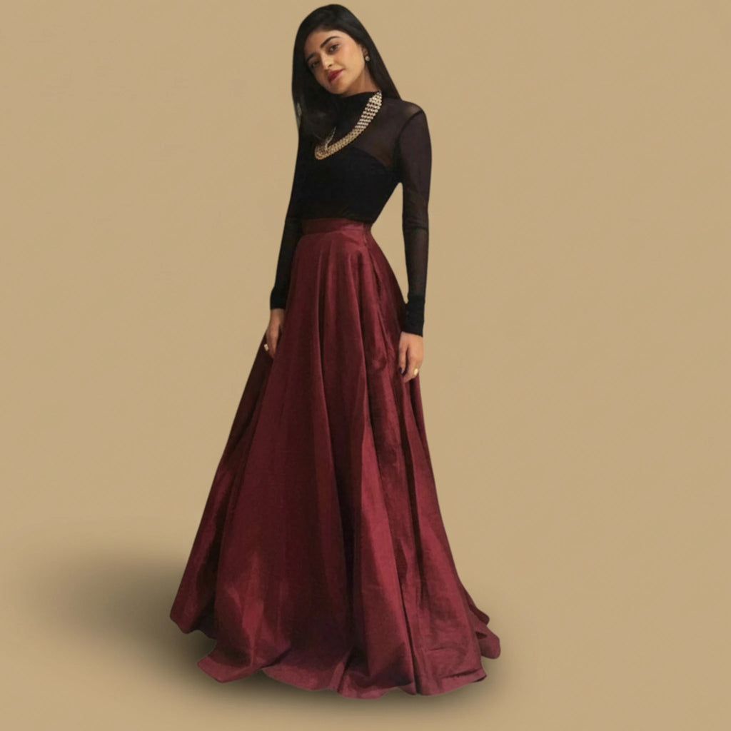 Women's Maroon Flared Maxi Skirt with Black Sheer Crop Top Set