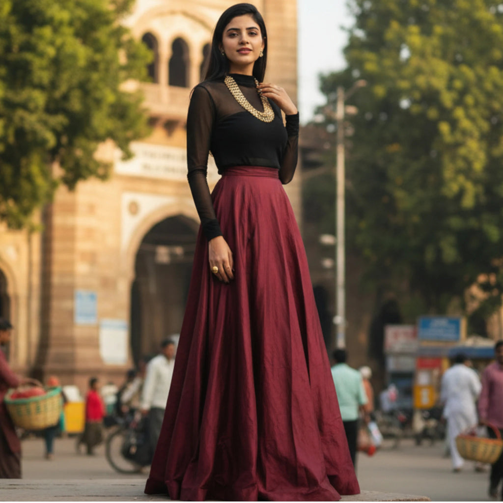Women's Maroon Flared Maxi Skirt with Black Sheer Crop Top Set