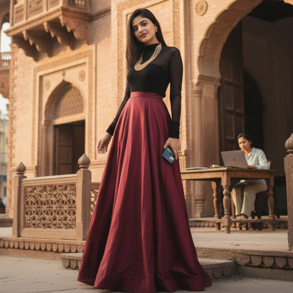Women's Maroon Flared Maxi Skirt with Black Sheer Crop Top Set
