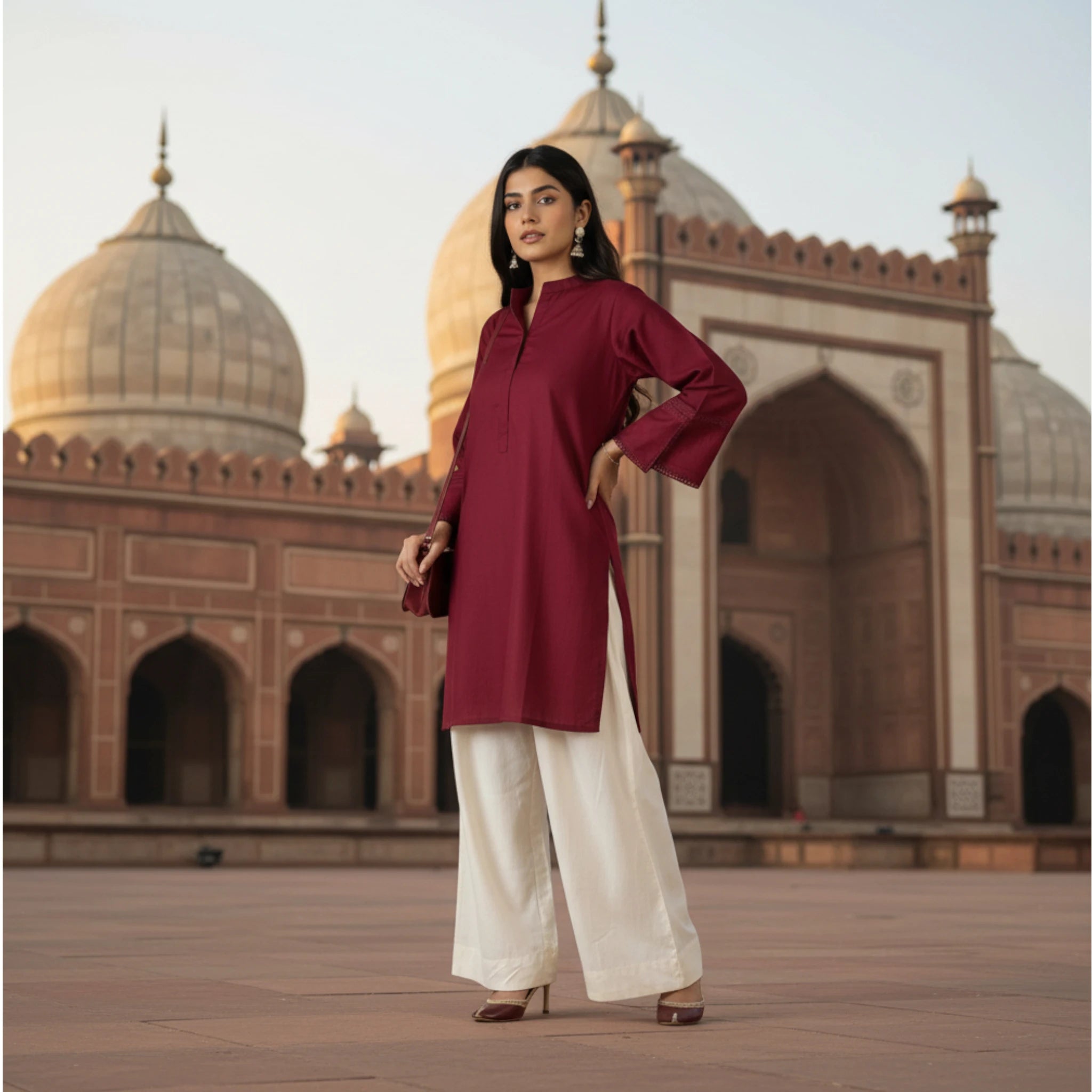 2-Piece Women’s Maroon Solid Kurta with White Pants
