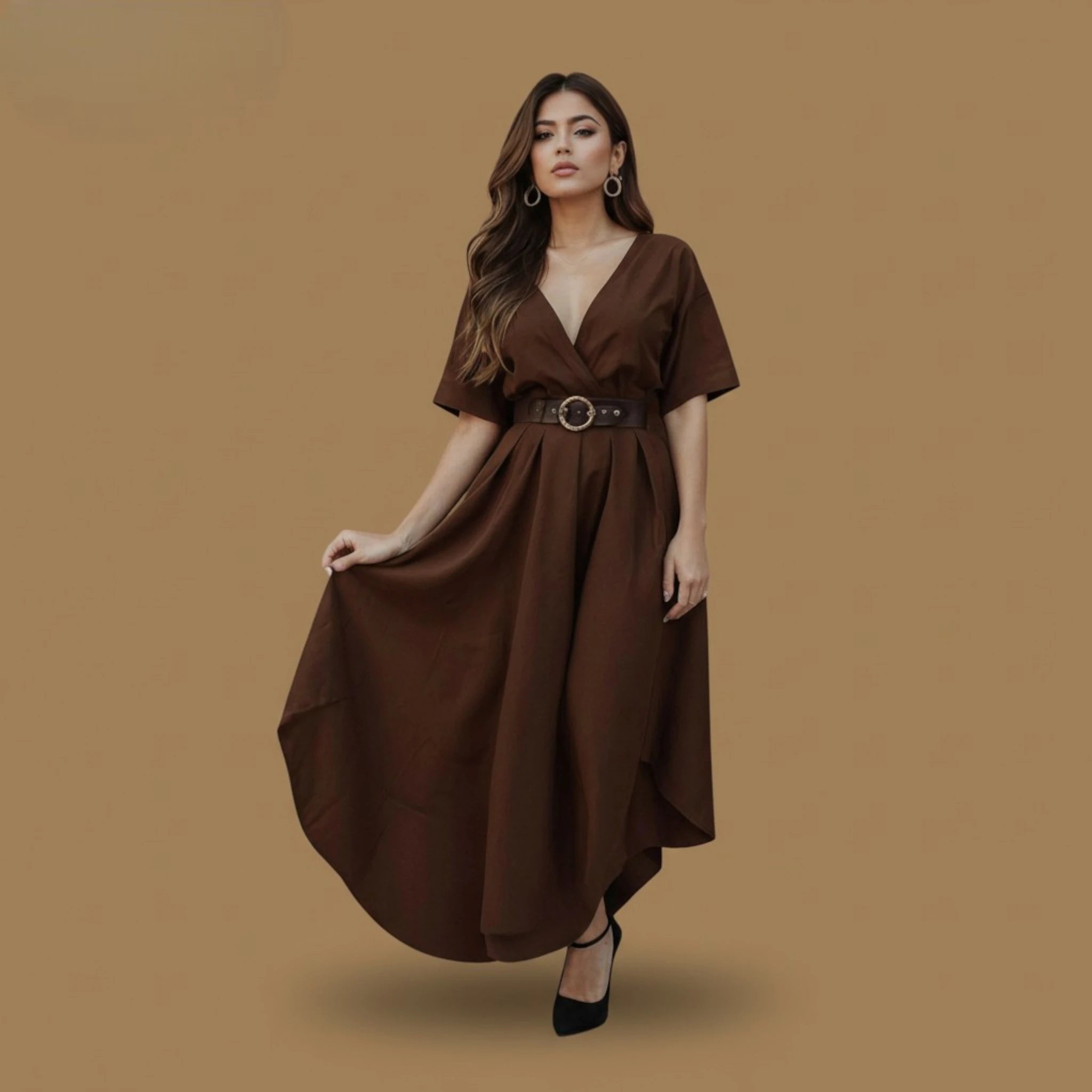 Chocolate Brown V-Neck Belted Midi Dress Elegant Women's Western Fashion 2026