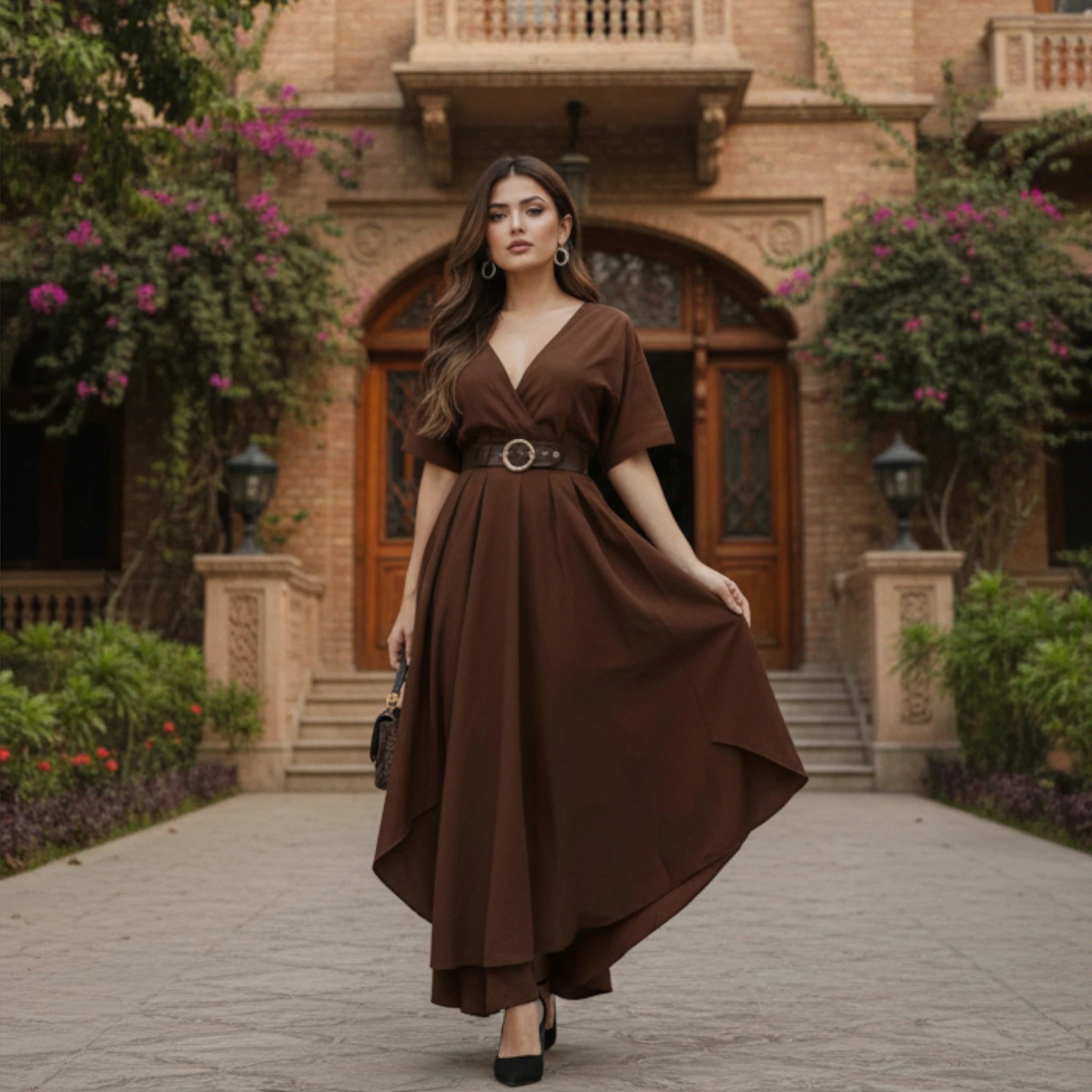Chocolate Brown V-Neck Belted Midi Dress Elegant Women's Western Fashion 2026
