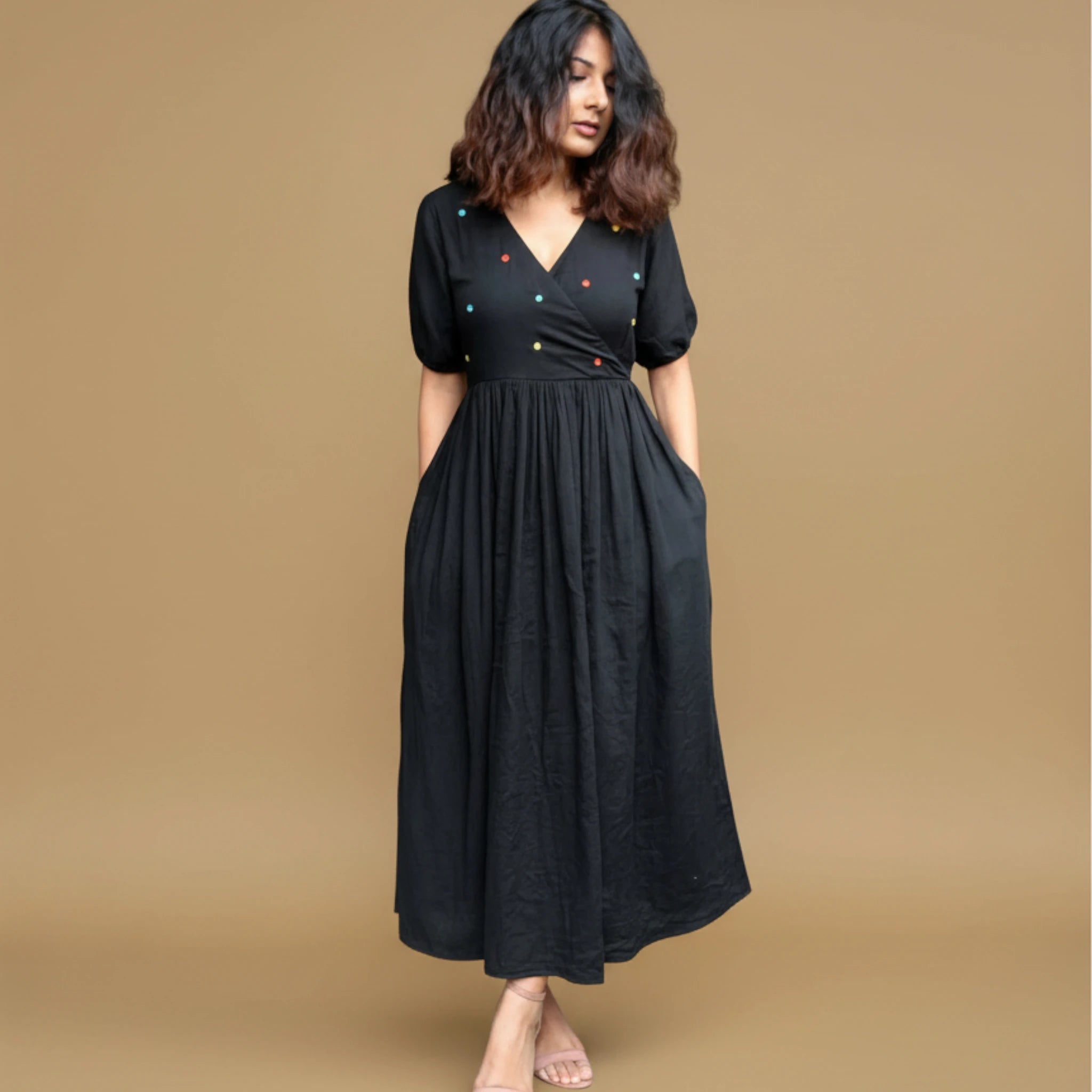 Black Polka Dot V-Neck Midi Dress - Women's Casual Western Fashion