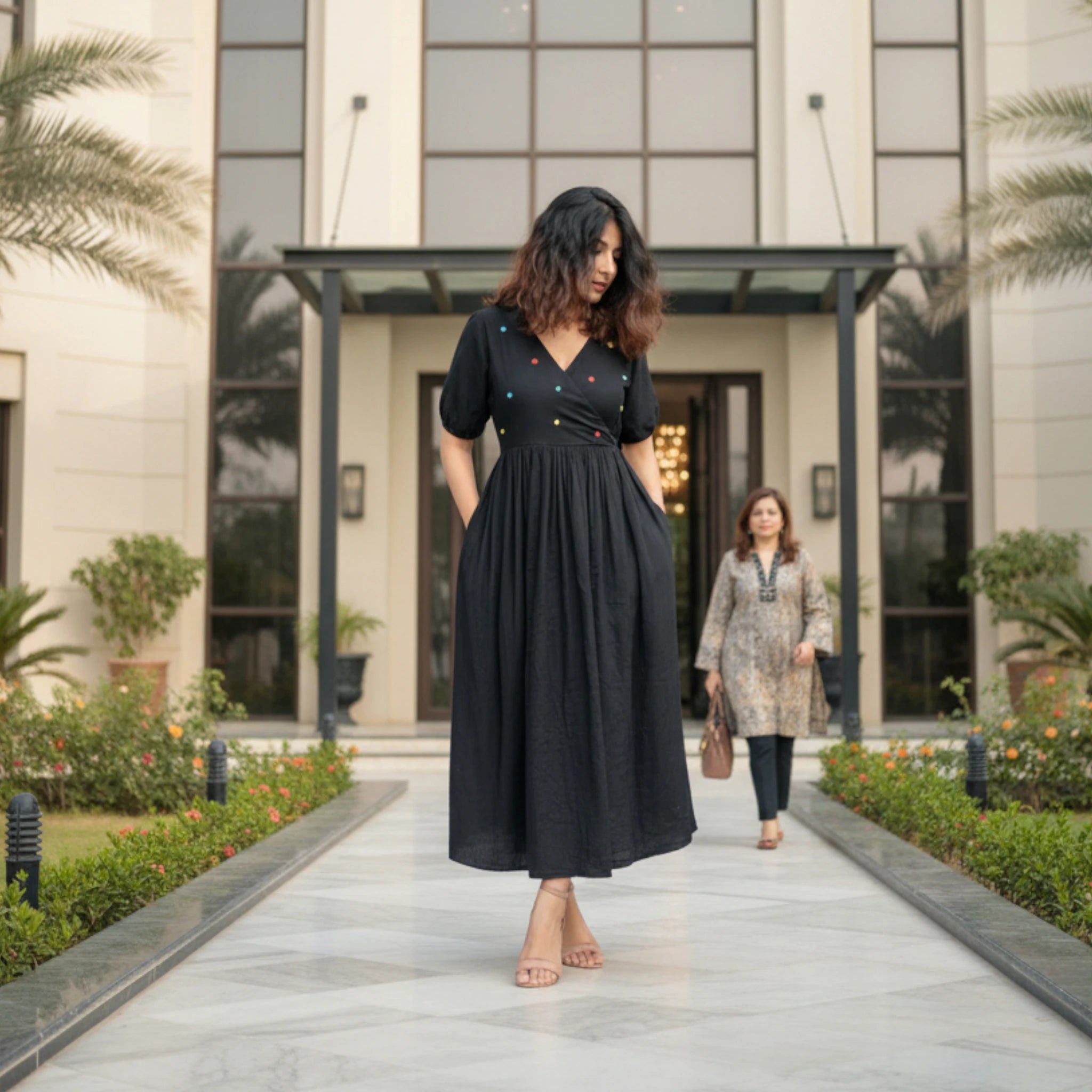 Black Polka Dot V-Neck Midi Dress - Women's Casual Western Fashion