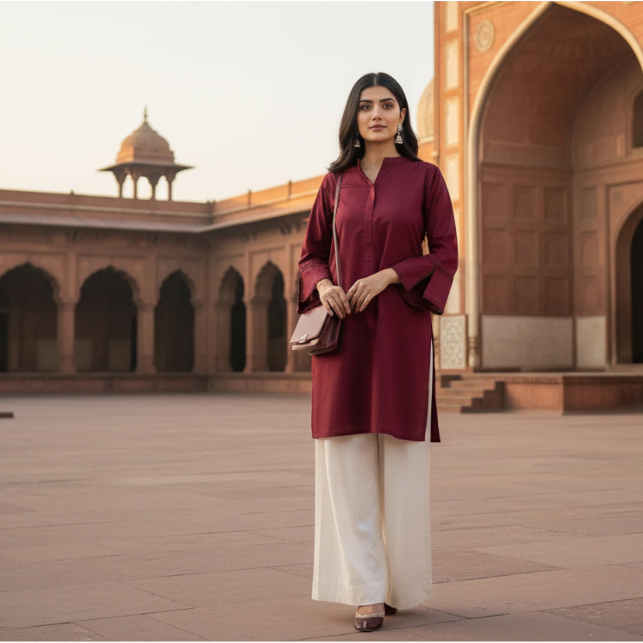 2-Piece Women’s Maroon Solid Kurta with White Pants