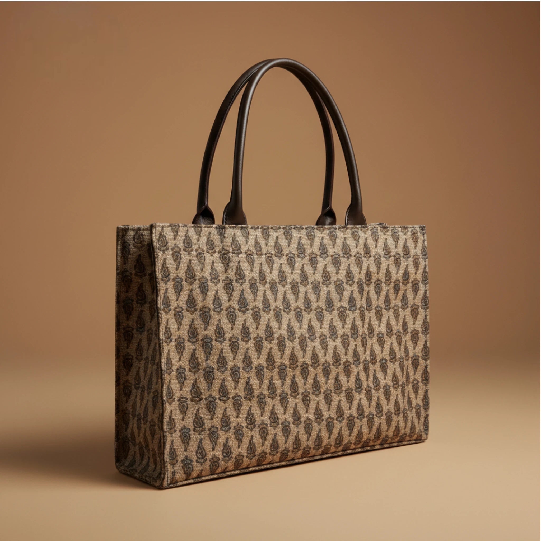 Paisley Printed Canvas Tote Bag with Leather Handles - Women's Spacious Everyday Carrier