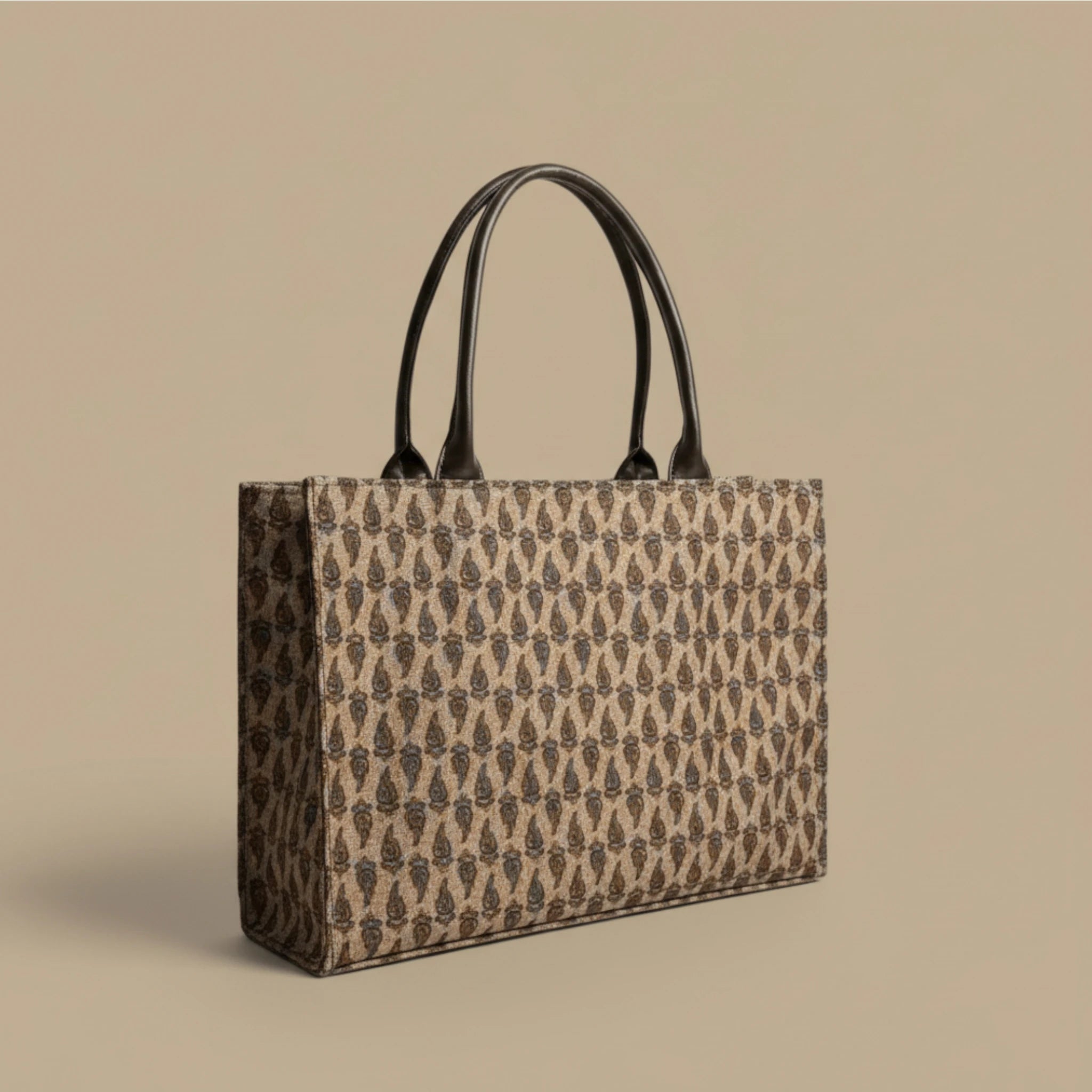 Paisley Printed Canvas Tote Bag with Leather Handles - Women's Spacious Everyday Carrier