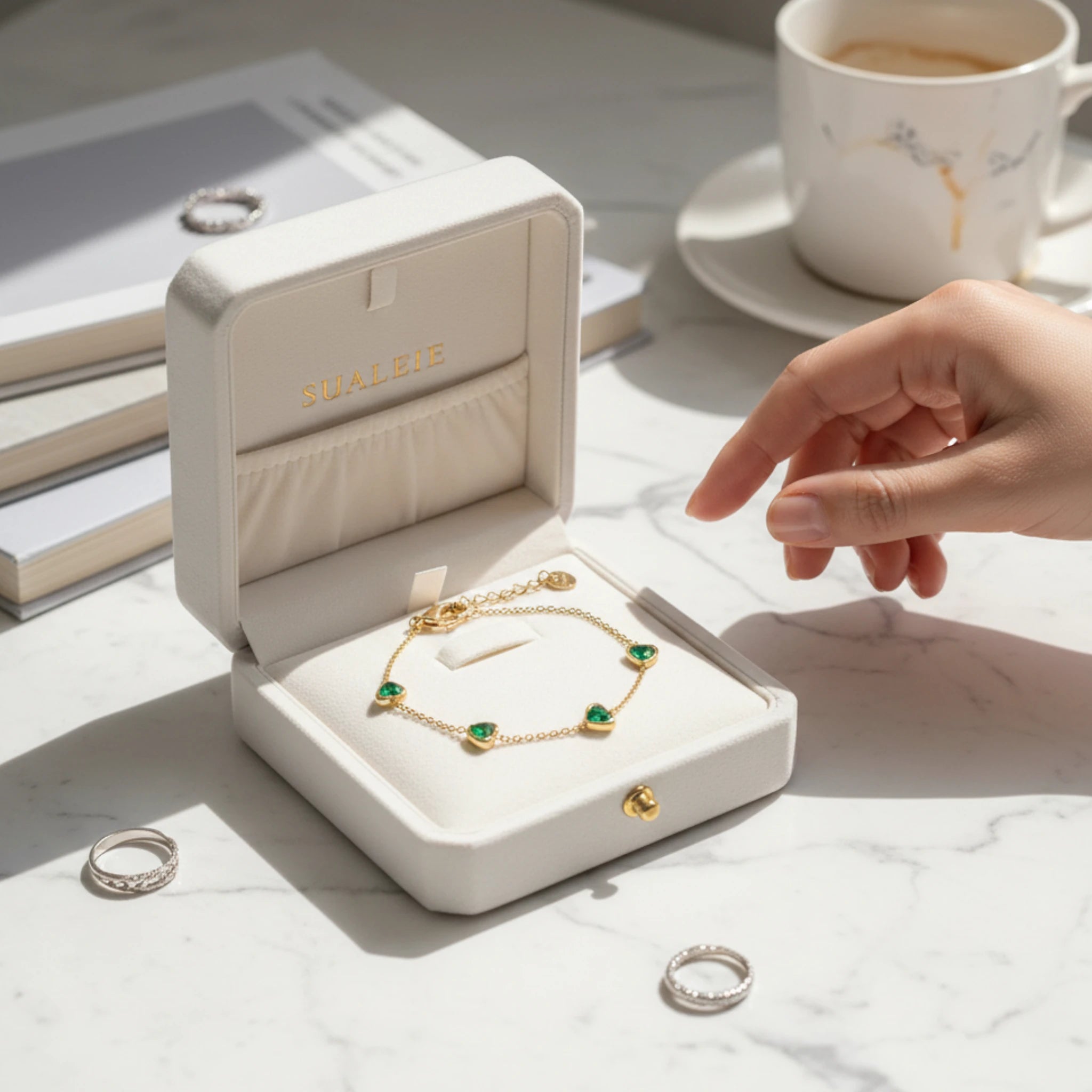 Gold Bracelet with Green Heart Charms for women