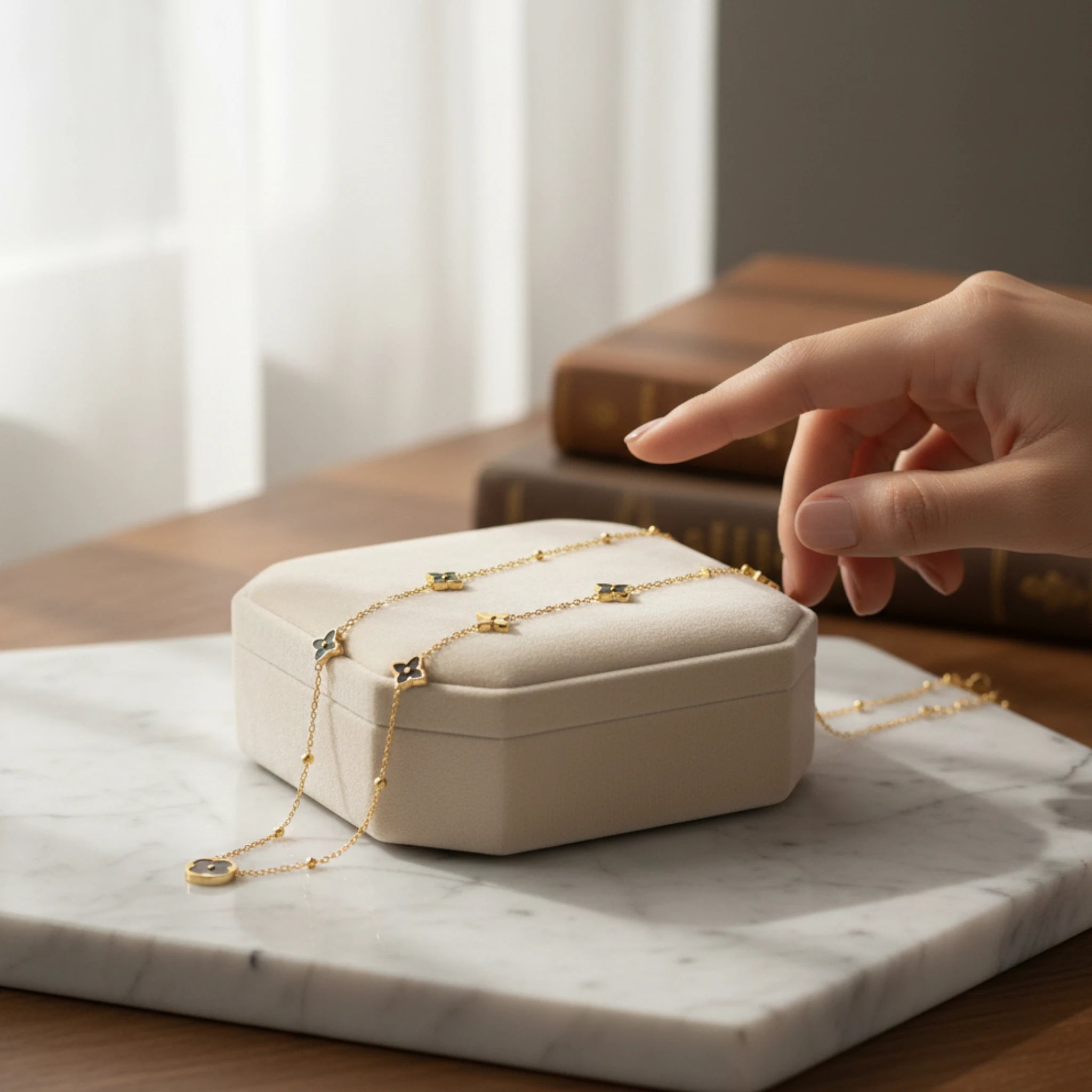 Gold Necklace with Black Clover Pendants