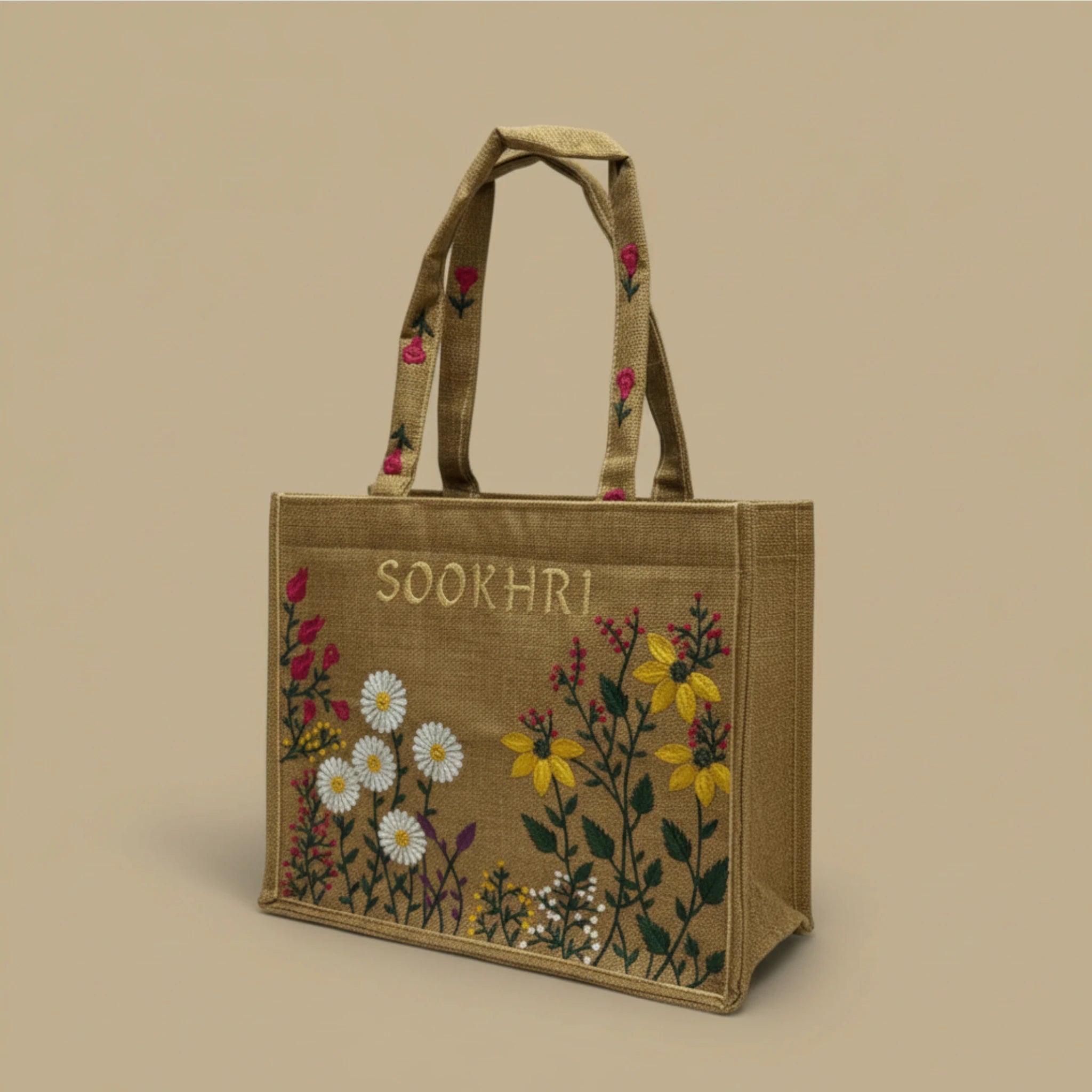 Hand-Embroidered Jute Tote Bag - Floral Print Reusable