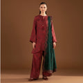Women’s Unstitch Maroon Printed 3-Piece Suit with Green Dupatta