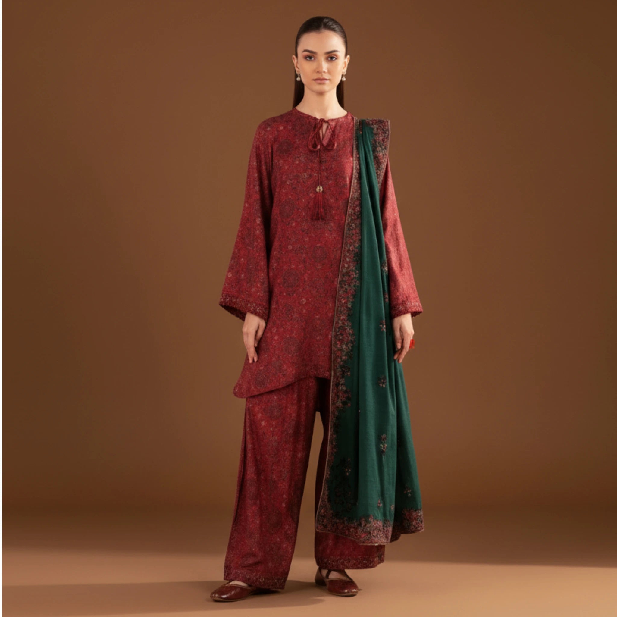 Women’s Unstitch Maroon Printed 3-Piece Suit with Green Dupatta