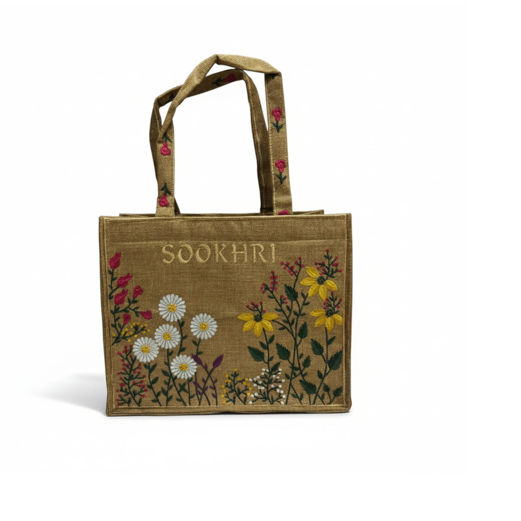 Hand-Embroidered Jute Tote Bag - Floral Print Reusable