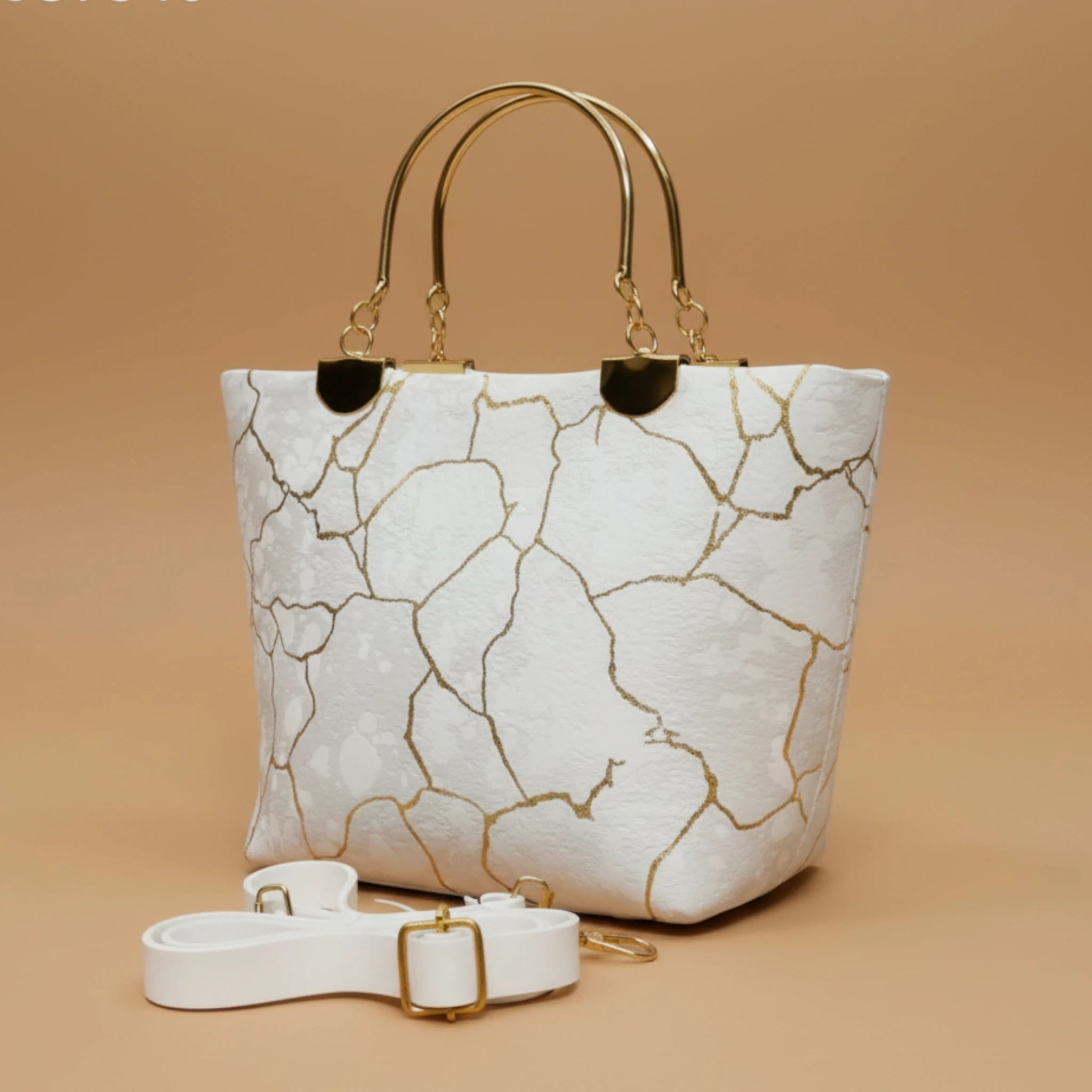 White Cracked Gold-Patterned Structured Handbag with Metal Handles