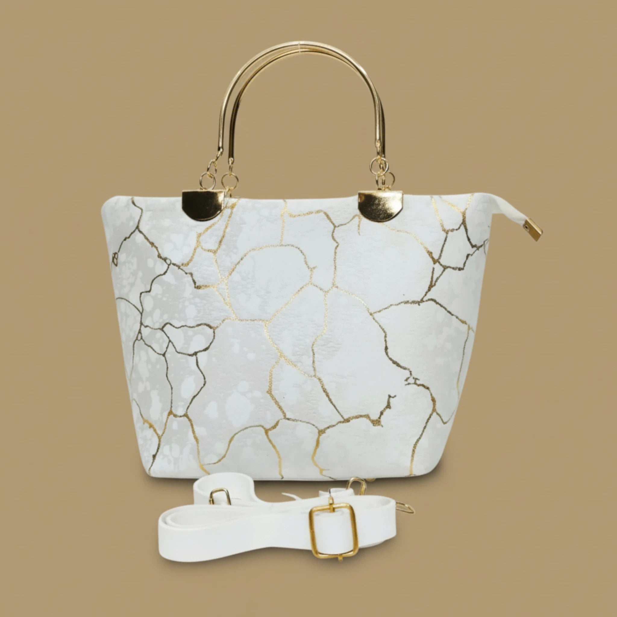White Cracked Gold-Patterned Structured Handbag with Metal Handles