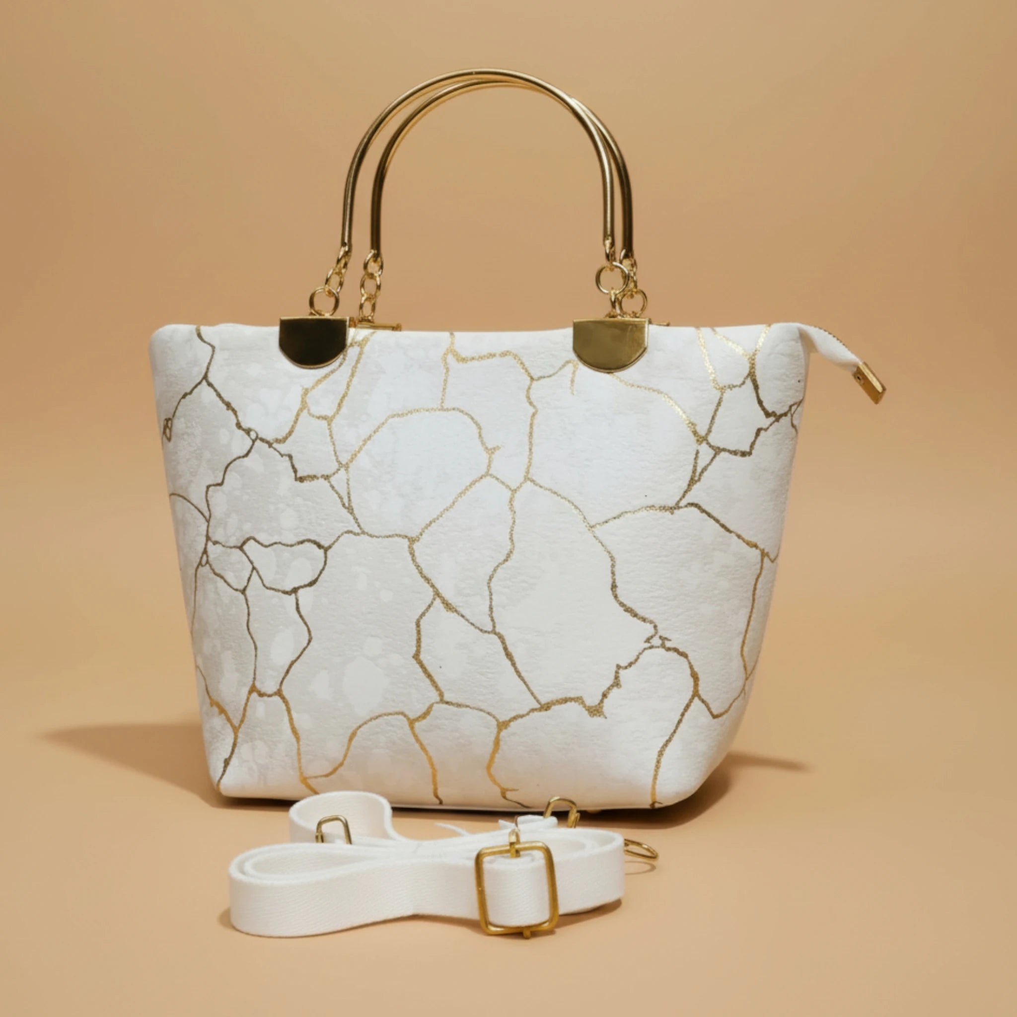 White Cracked Gold-Patterned Structured Handbag with Metal Handles