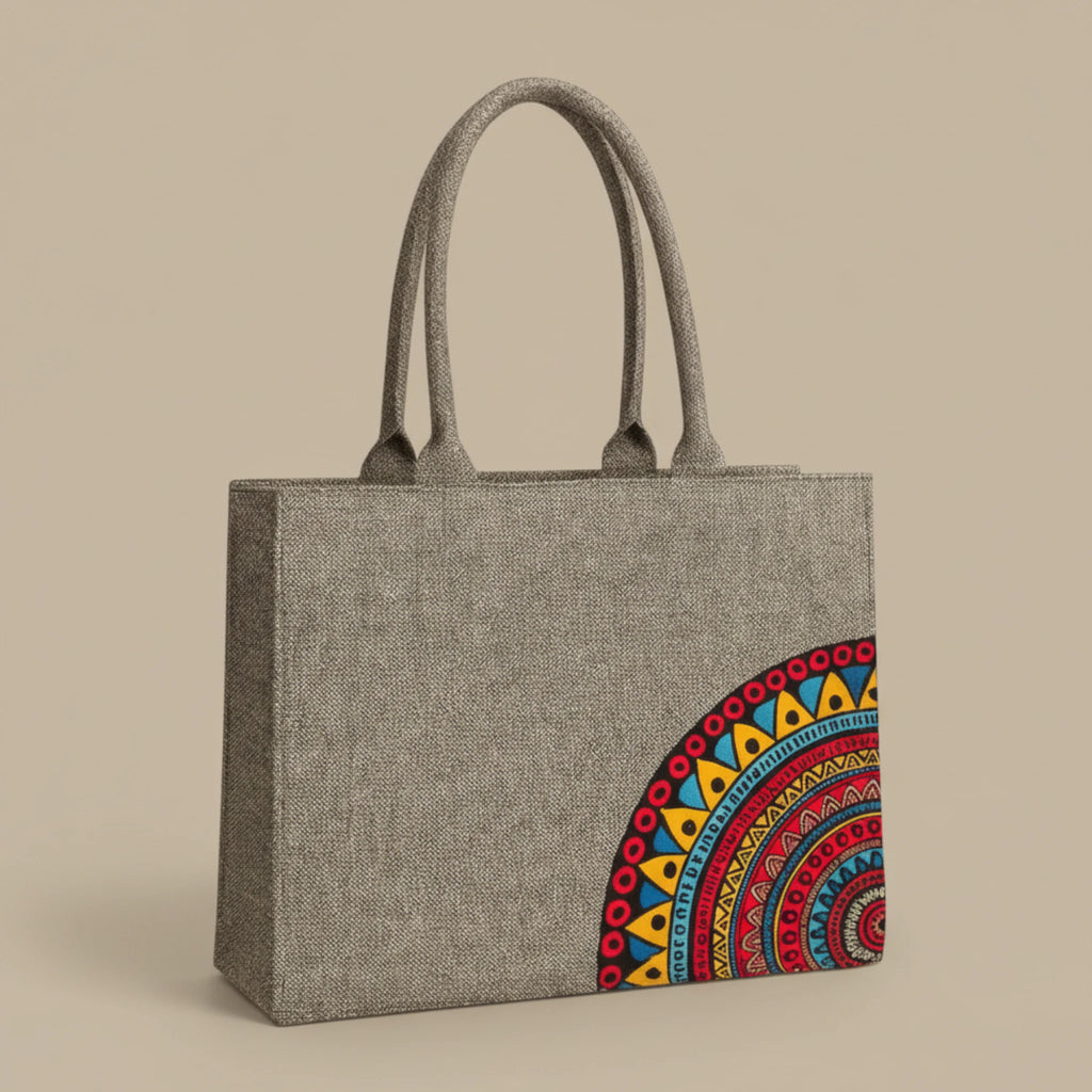 Grey Fabric Tote Bag with Colorful Mandala Print