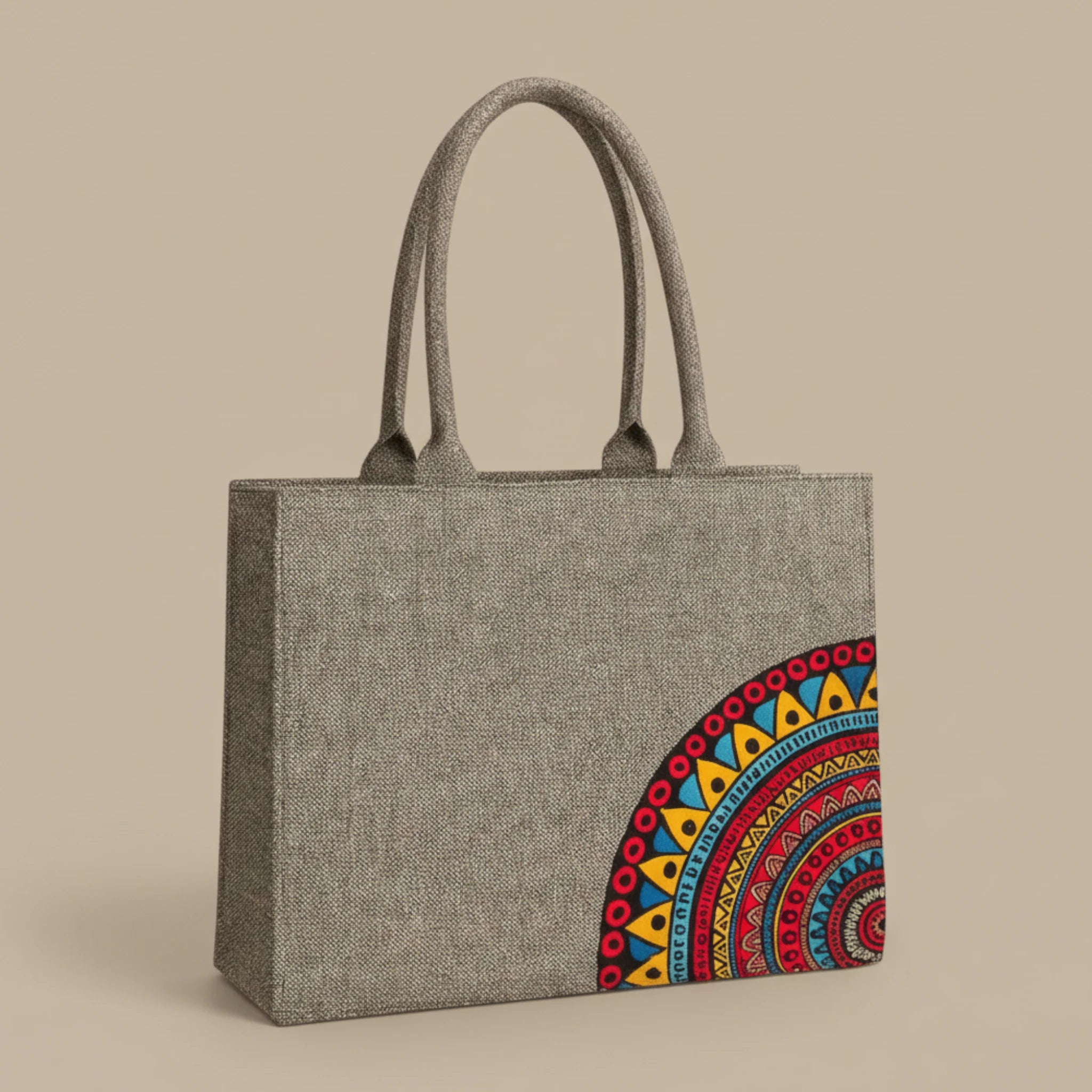 Grey Fabric Tote Bag with Colorful Mandala Print