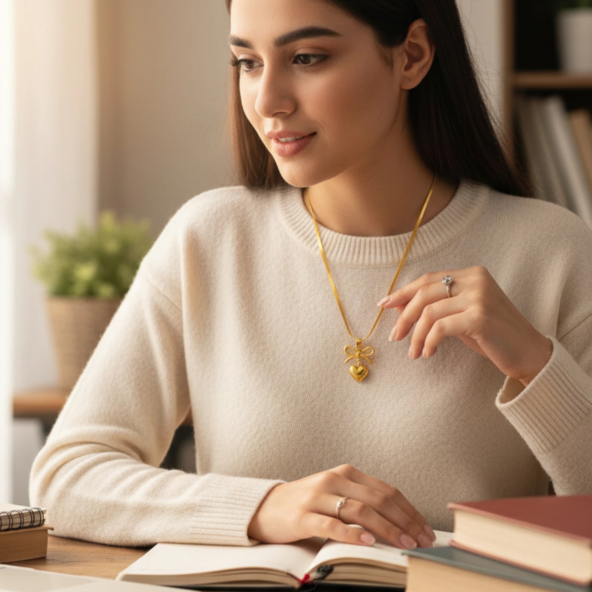 Gold Heart Necklace with Bow Pendant
