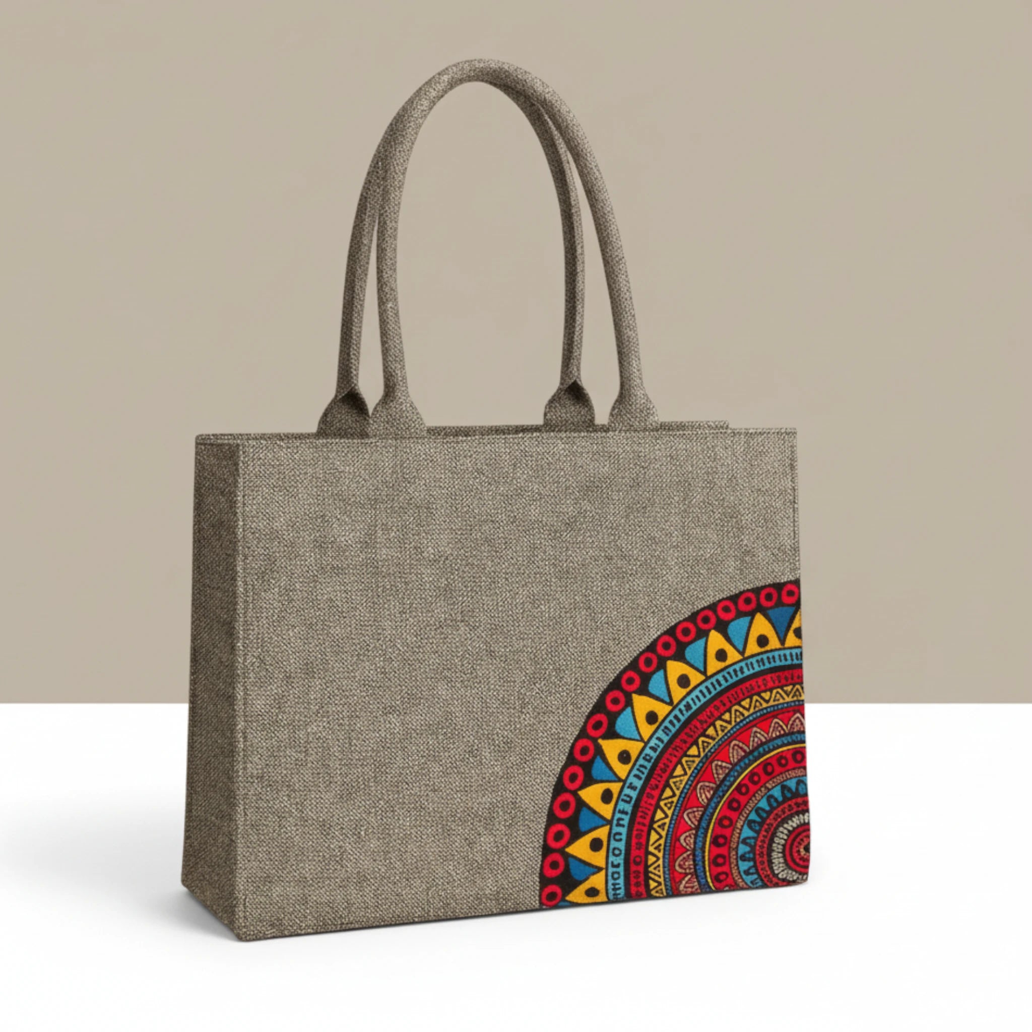 Grey Fabric Tote Bag with Colorful Mandala Print
