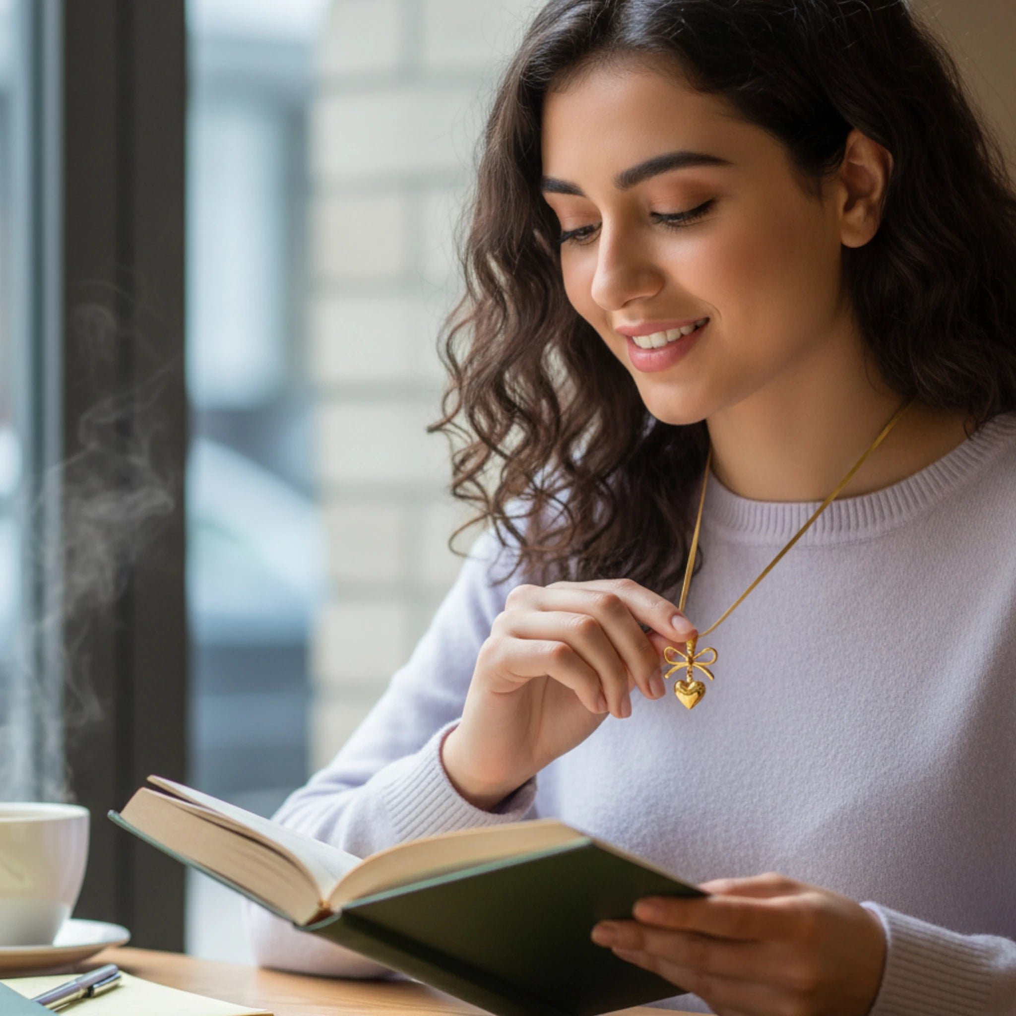 Gold Heart Necklace with Bow Pendant