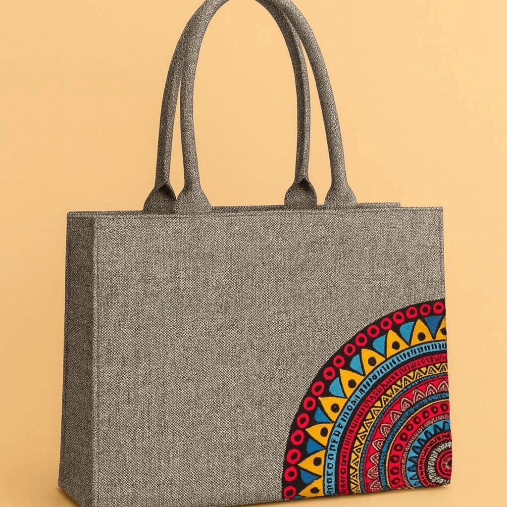 Grey Fabric Tote Bag with Colorful Mandala Print