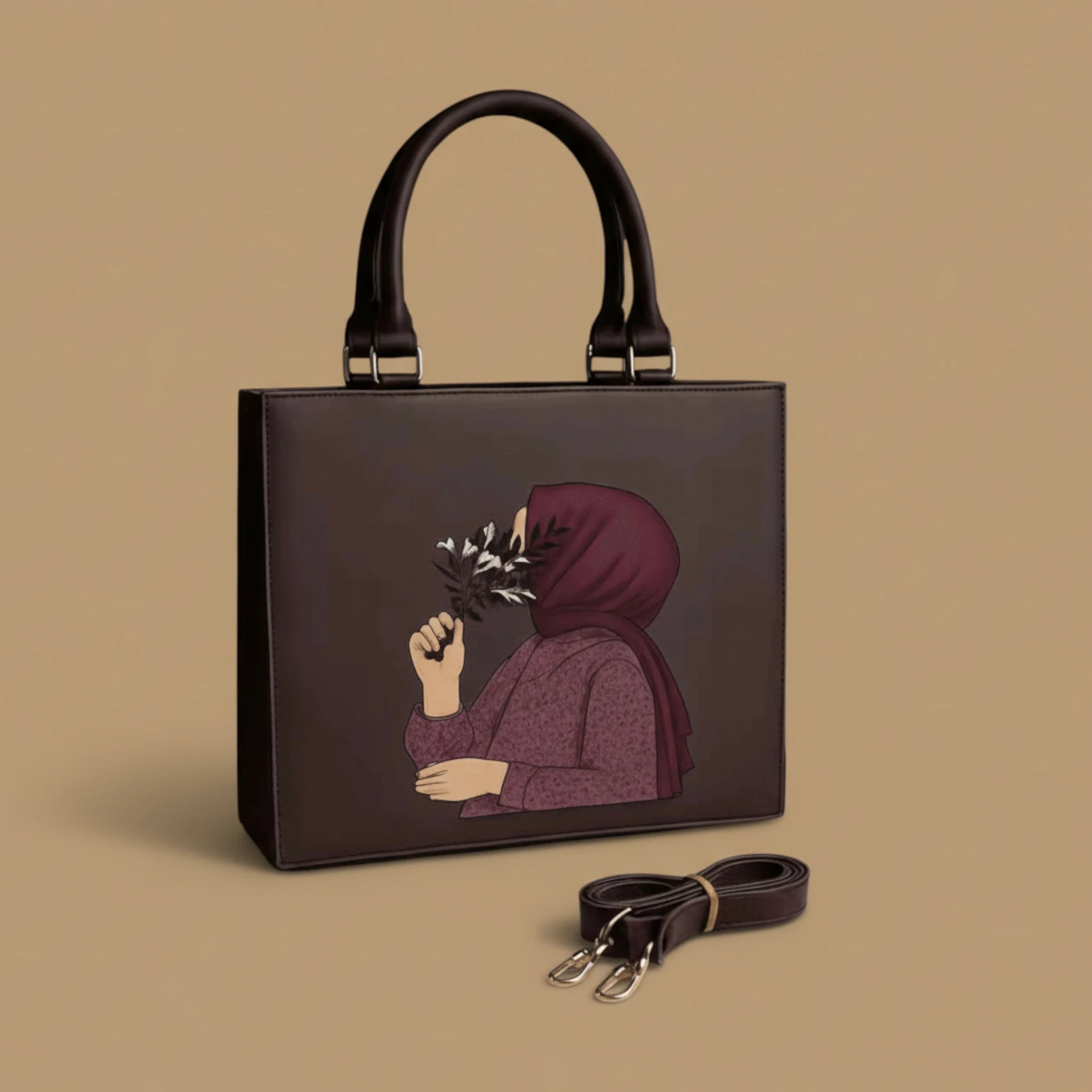 Elegant Illustrated Women’s Handbag with Detachable Shoulder Strap