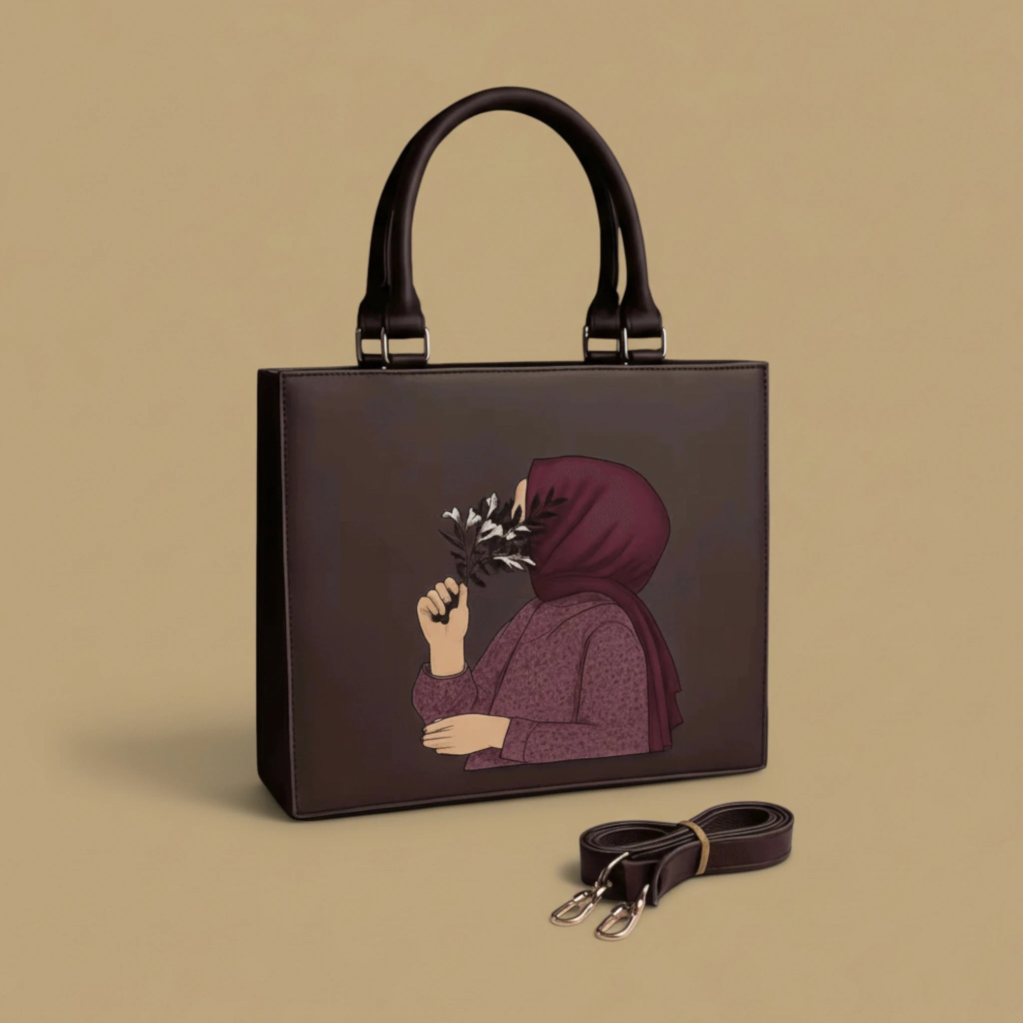 Elegant Illustrated Women’s Handbag with Detachable Shoulder Strap