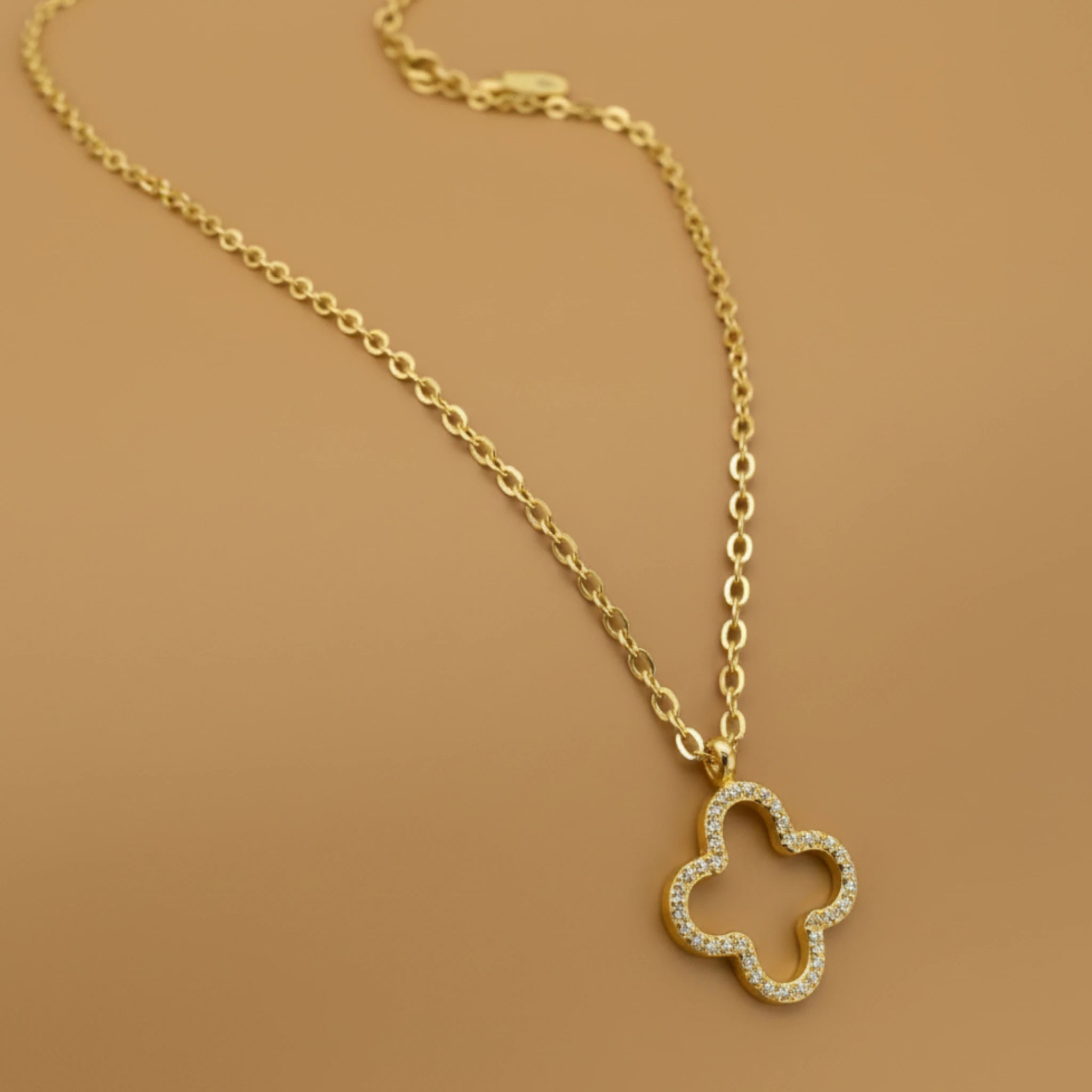 Gold Clover Pendant Necklace with Crystals